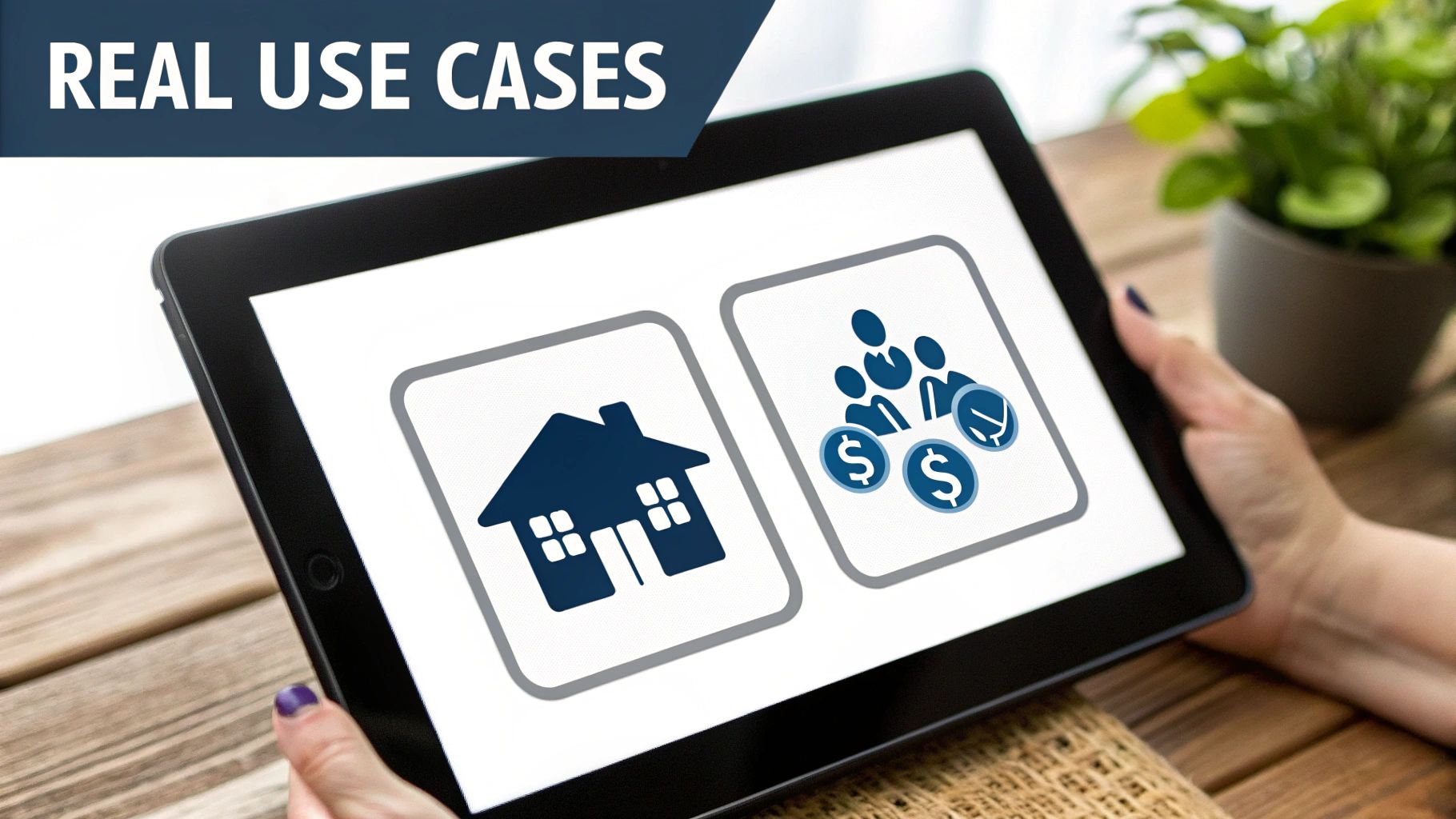 A tablet displaying real use cases with icons for a house and financial services.