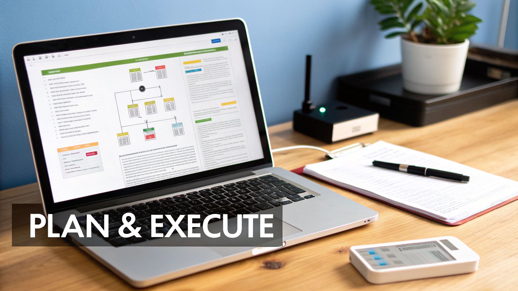 A laptop displays a flowchart and documents on a wooden desk, symbolizing strategic planning and execution.