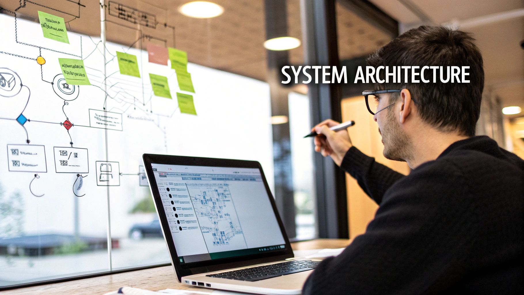 A man in glasses drawing system architecture diagrams on a glass board with a marker, a laptop open.
