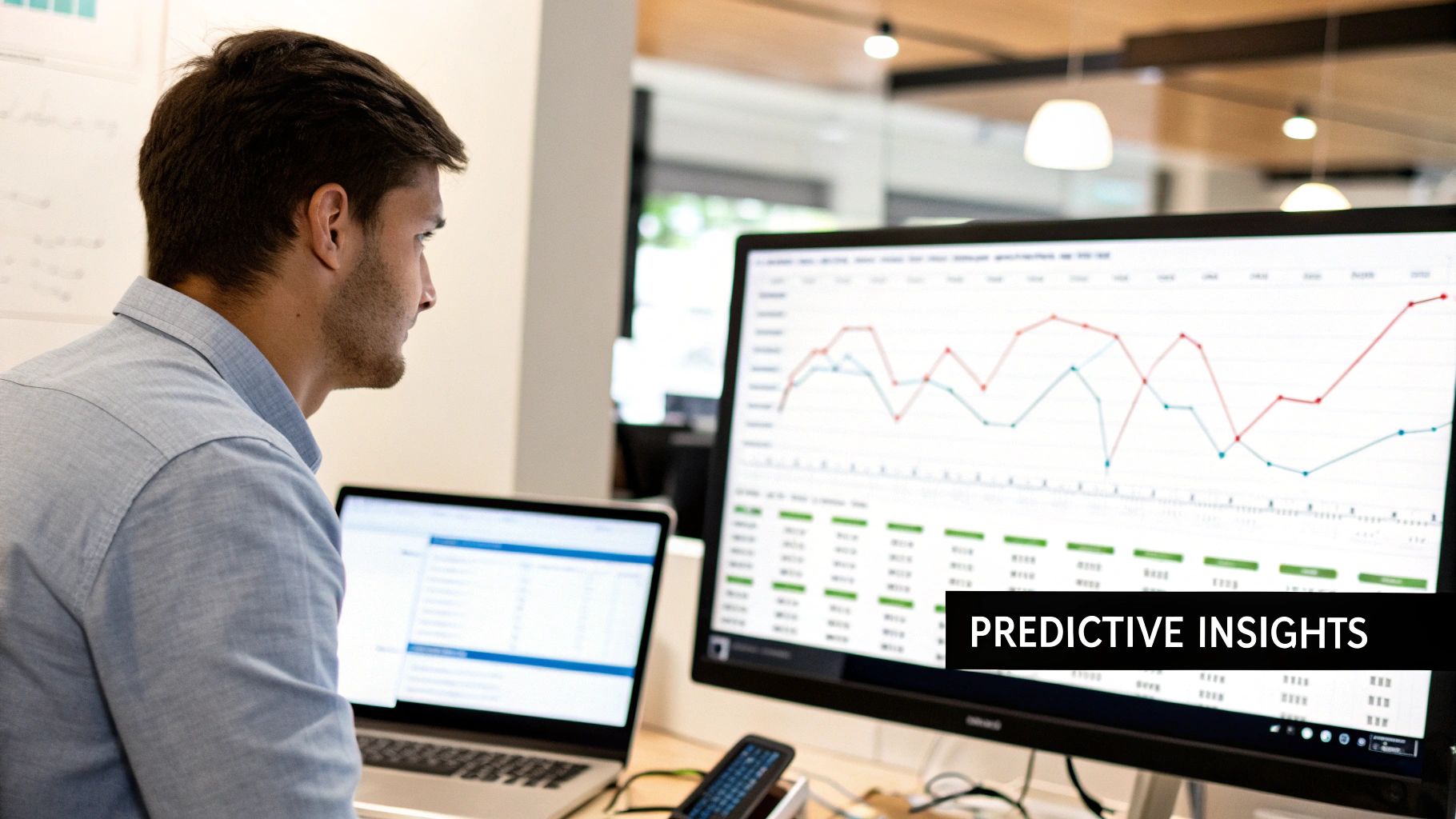 A man analyzing business data and charts on dual computer screens with 'PREDICTIVE INSIGHTS'.
