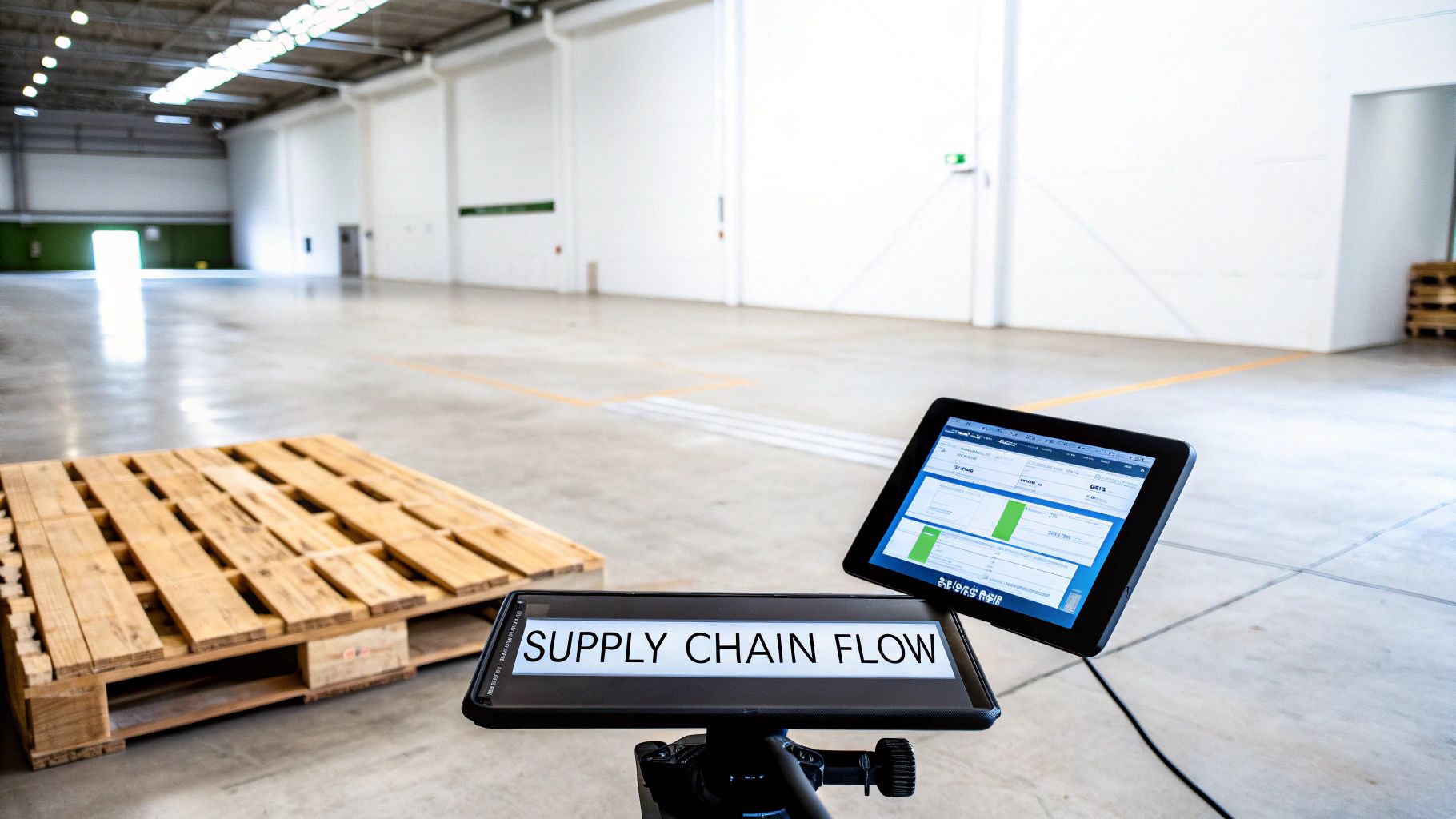 Tablets displaying 'SUPPLY CHAIN FLOW' and data analytics in an empty warehouse with a wooden pallet.