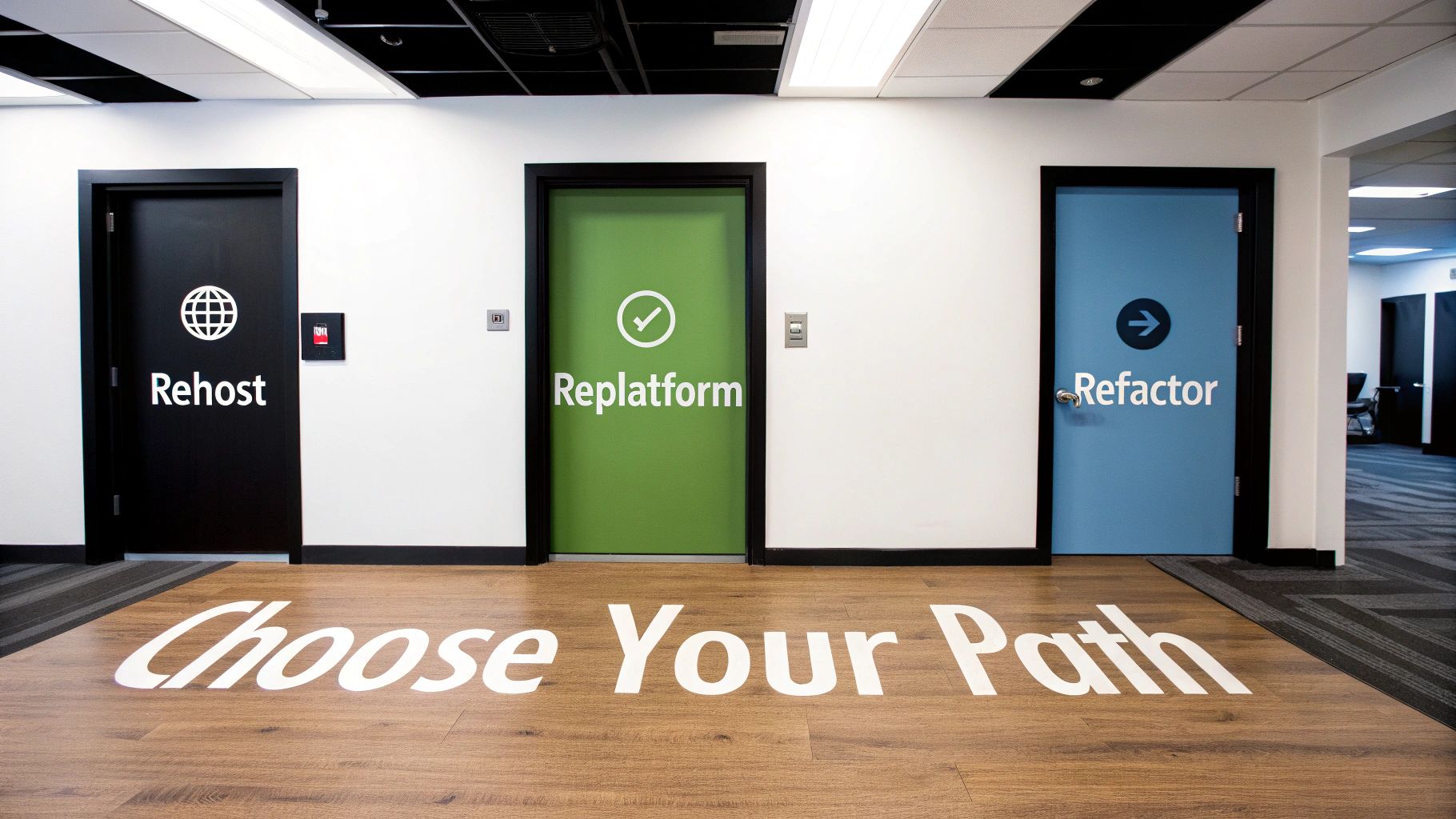 Three colored doors labeled Rehost, Replatform, and Refactor, for choosing a cloud migration path.