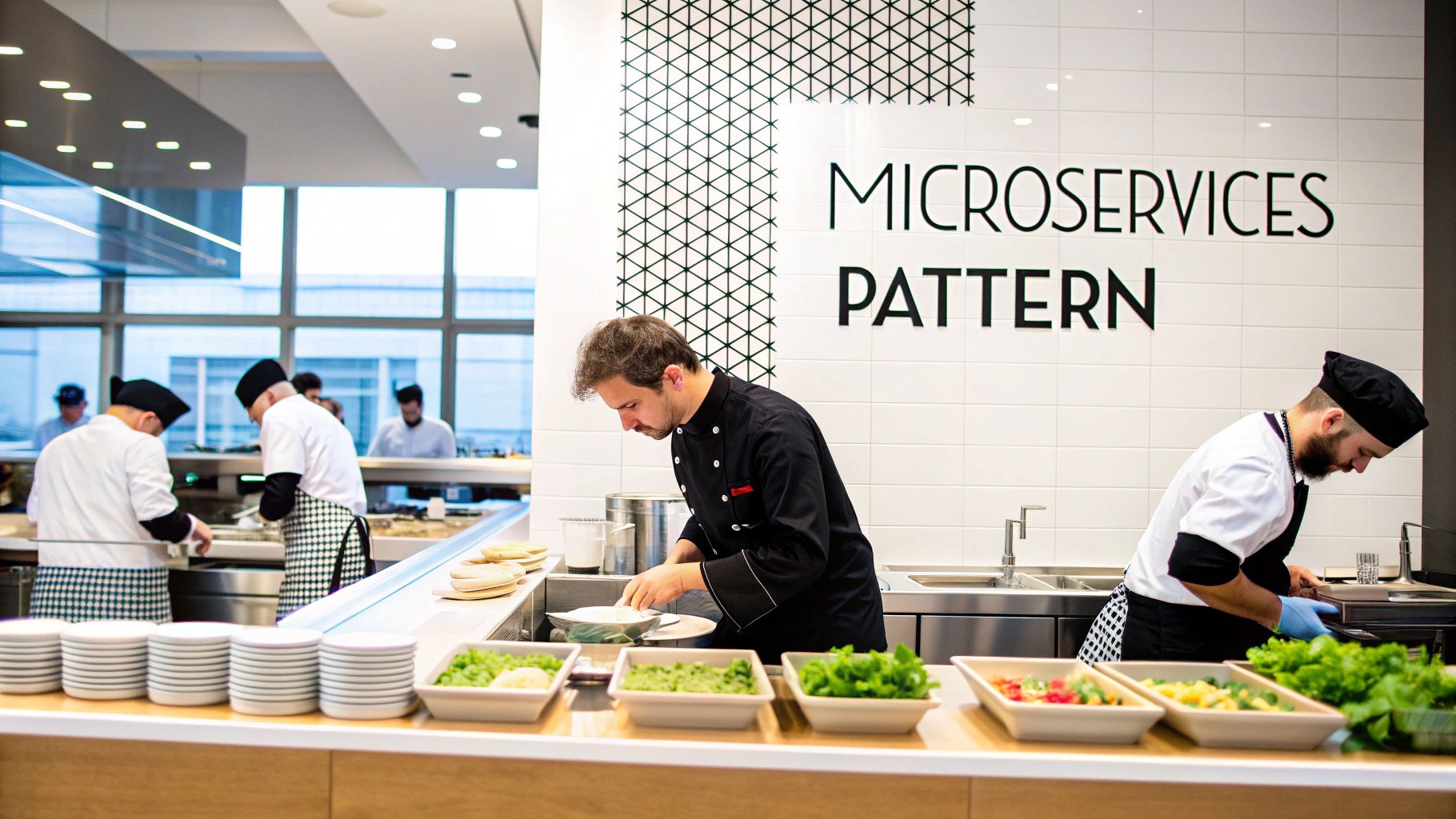 Chefs prepare fresh food behind a counter in a modern office cafeteria with text "Microservices Pattern" on the wall.