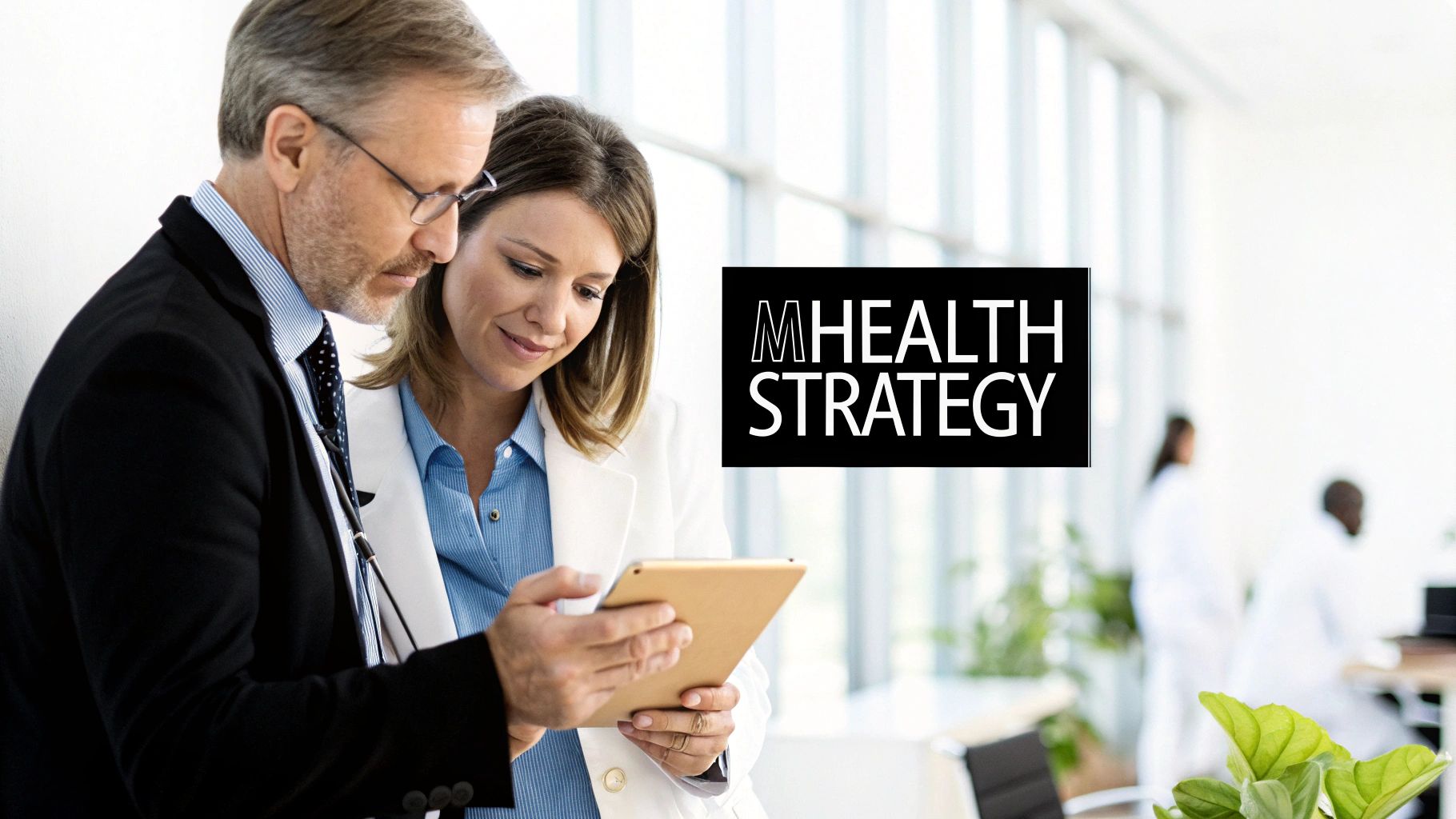 Two healthcare professionals discuss mHealth strategy while reviewing data on a digital tablet.