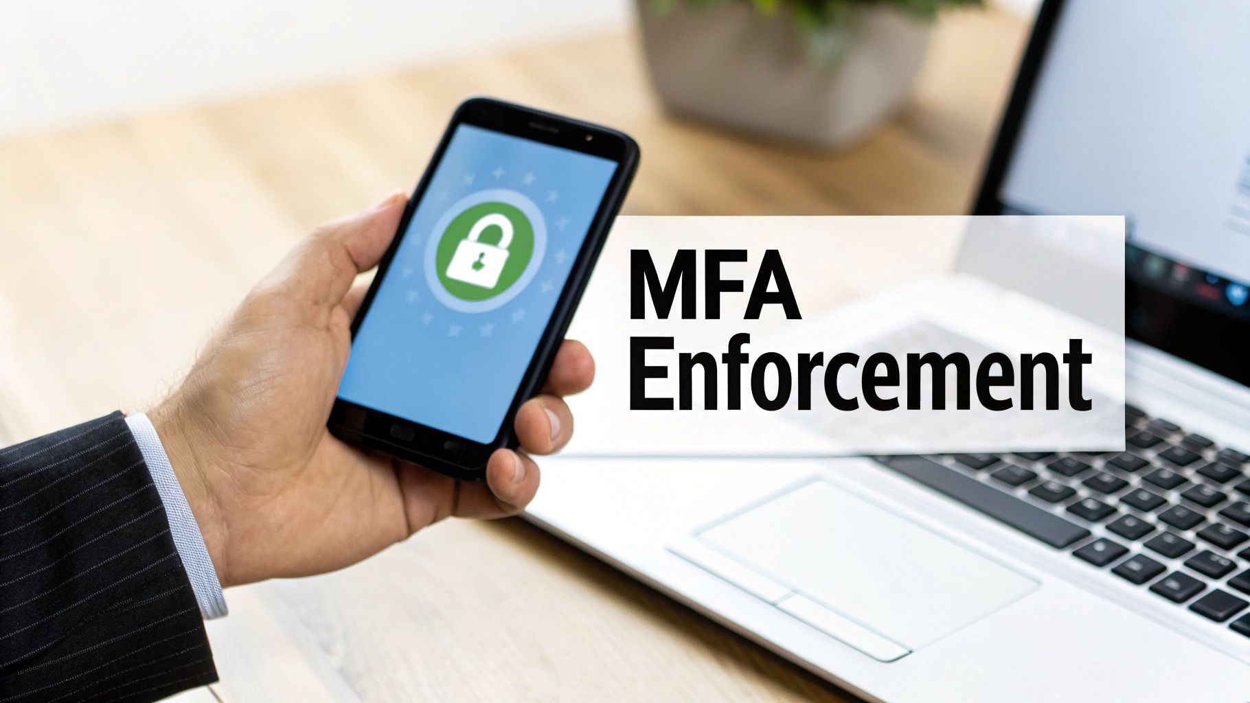 A hand holding a smartphone showing a security padlock icon with text "MFA Enforcement" on a laptop background.