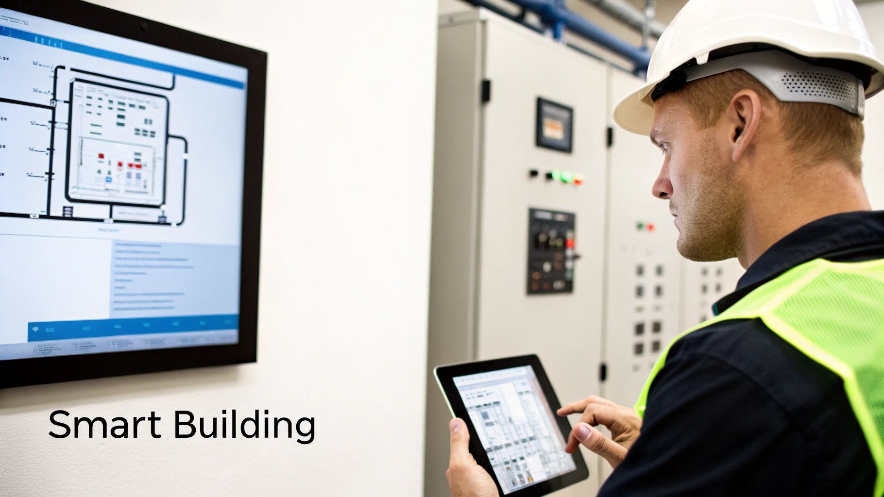 An engineer in a hard hat and safety vest uses a tablet to monitor a smart building's systems.