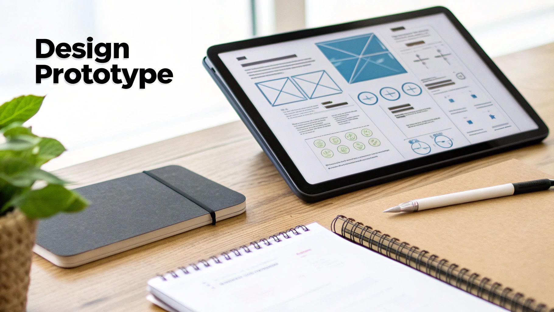 An image showcasing the user interface design process on a computer screen, with various design elements and wireframes.