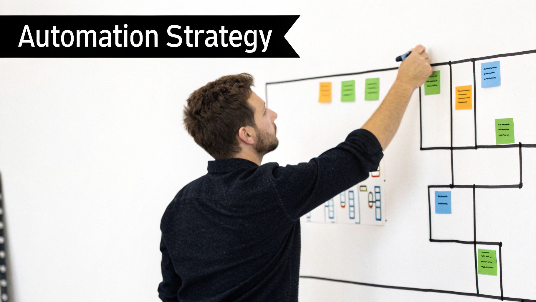 A team collaborating around a whiteboard, planning their test automation strategy.