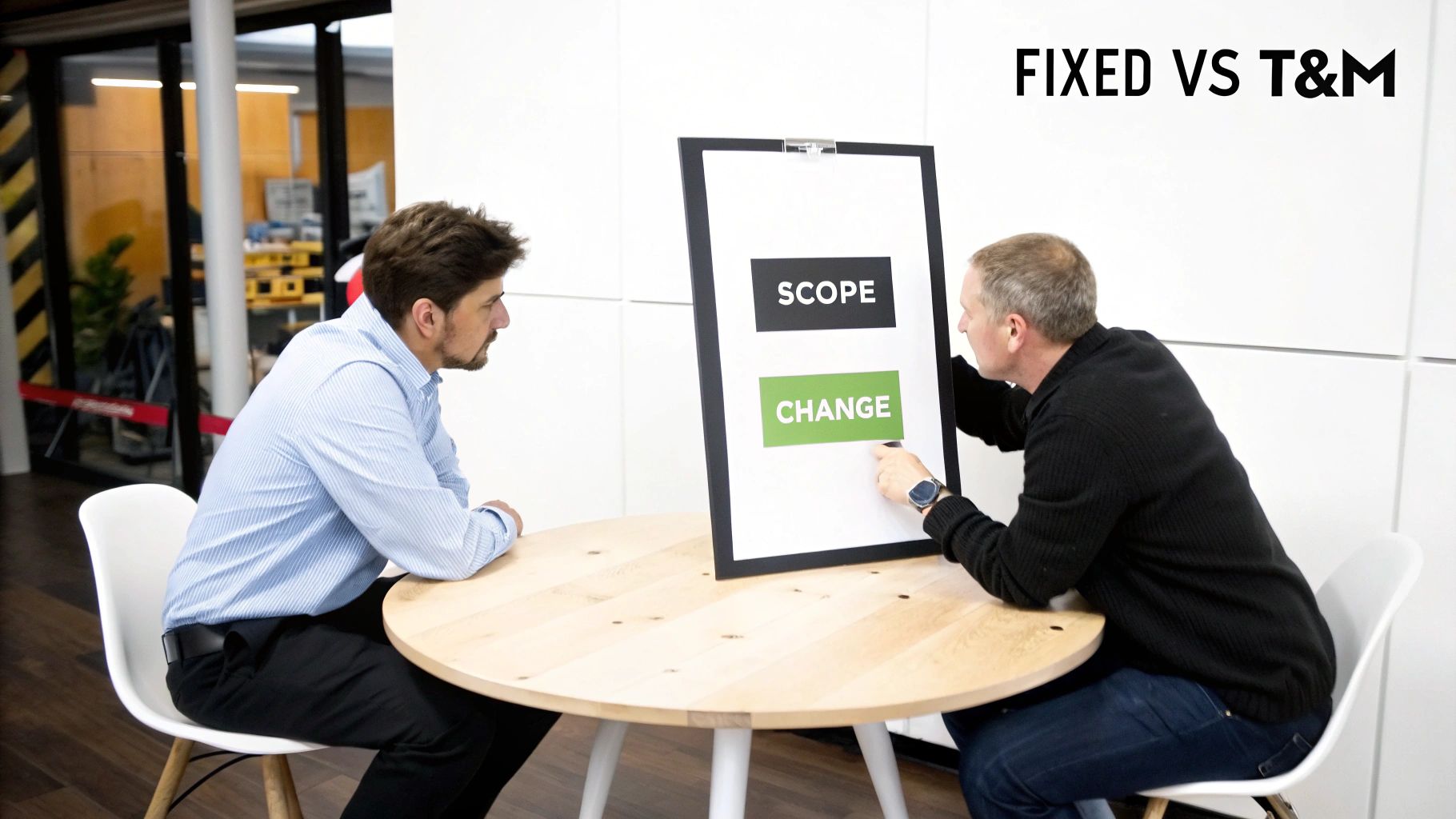Two men discuss 'Scope' and 'Change' on a board, illustrating 'Fixed vs T&M' project models.