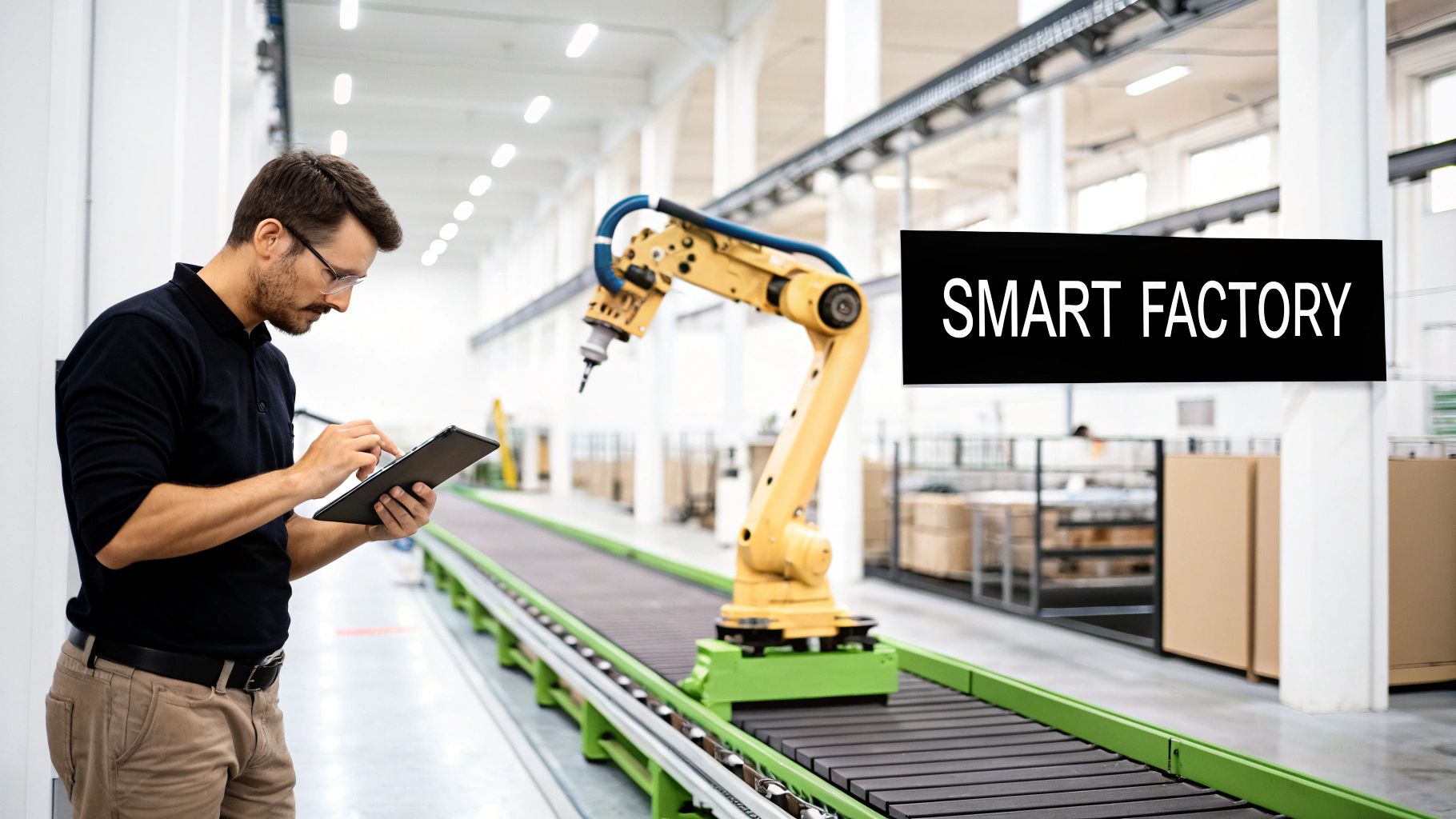 A modern factory floor with robotic arms and advanced machinery.