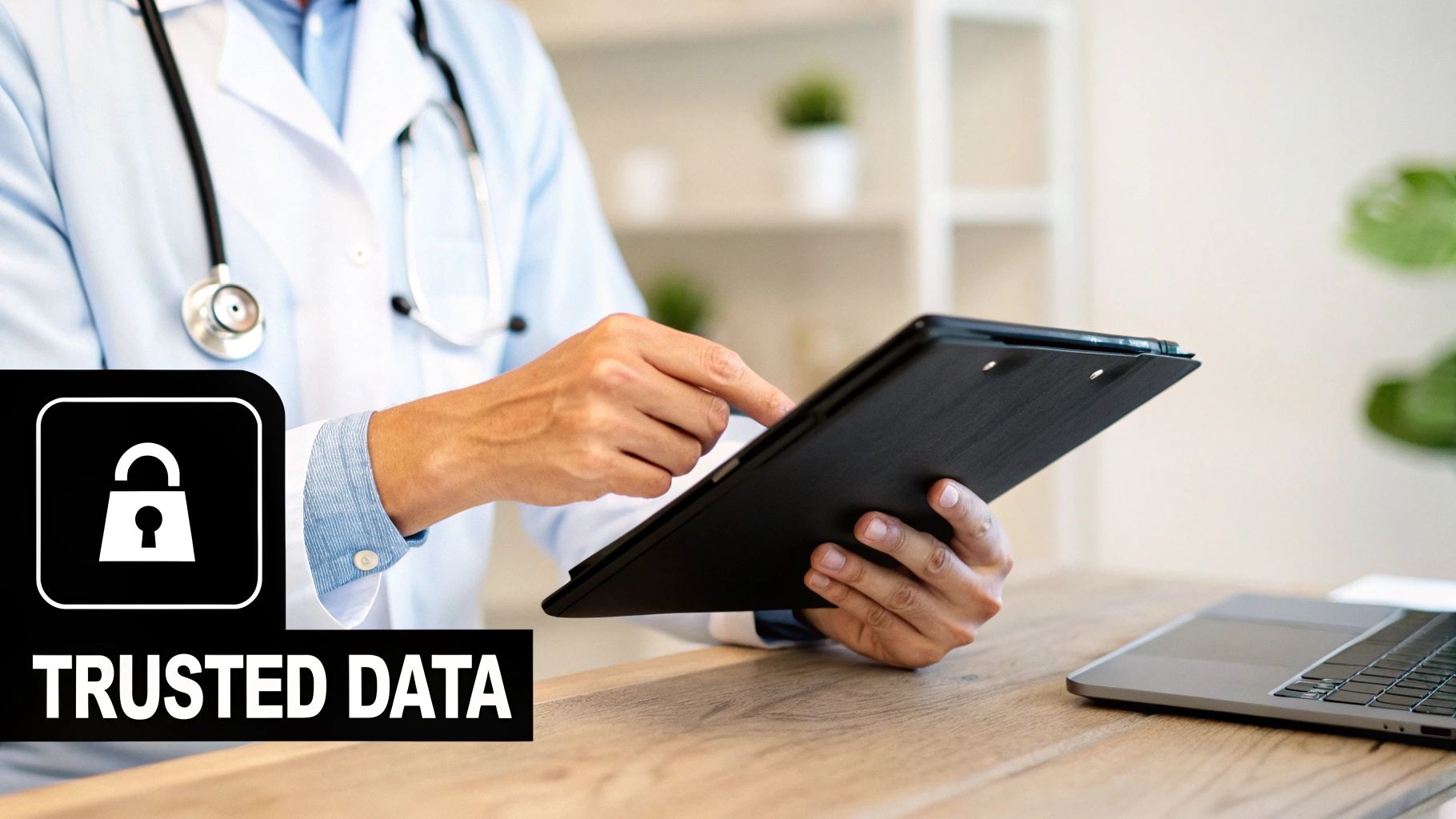 A doctor in a lab coat interacting with a tablet, with a 'TRUSTED DATA' and lock icon overlay.