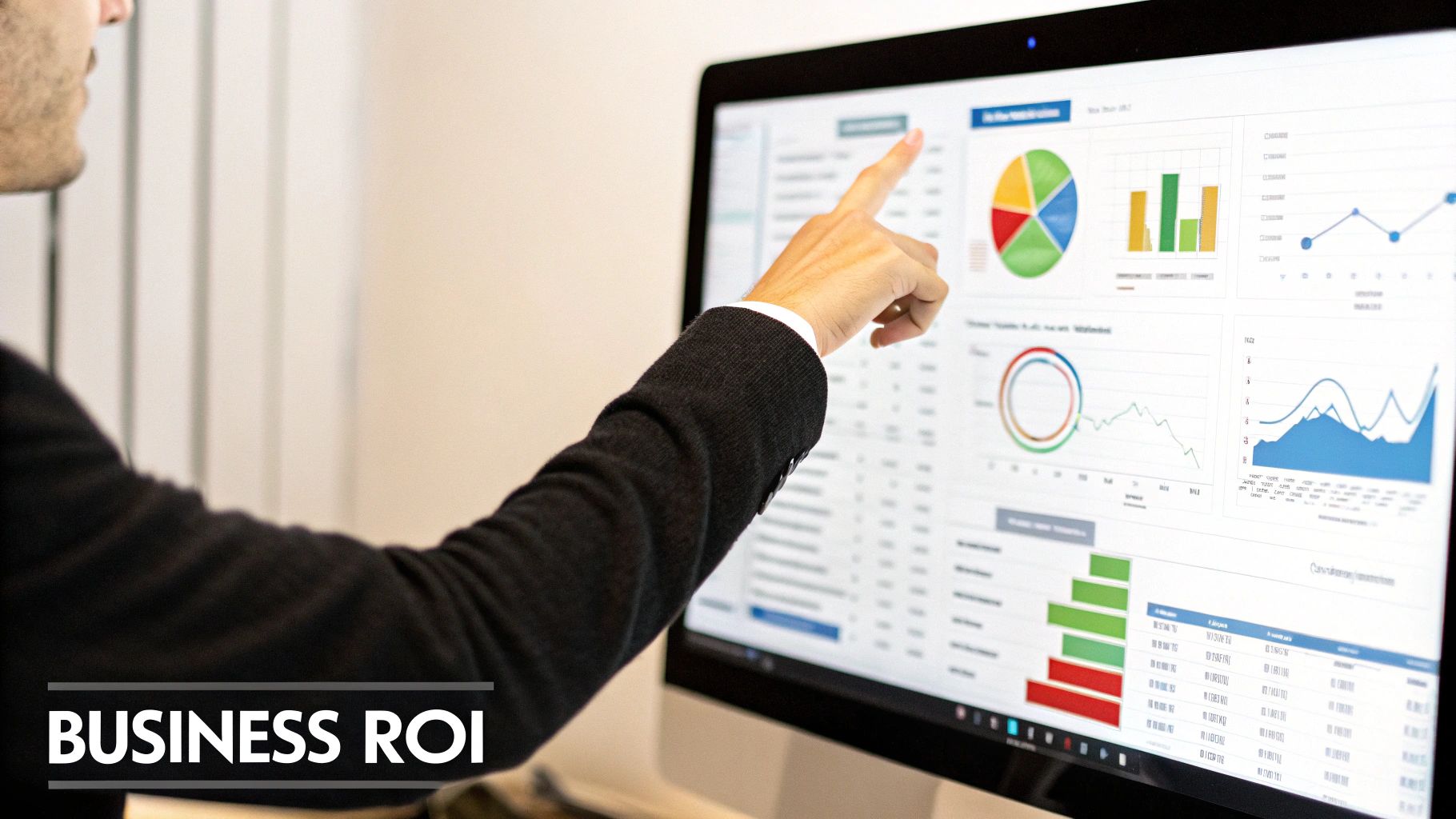 A hand pointing at a computer screen displaying various business analytics charts and ROI data.