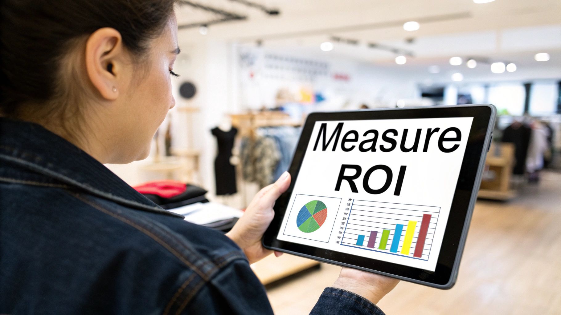 A dashboard showing key performance indicators and ROI calculations for retail analytics.