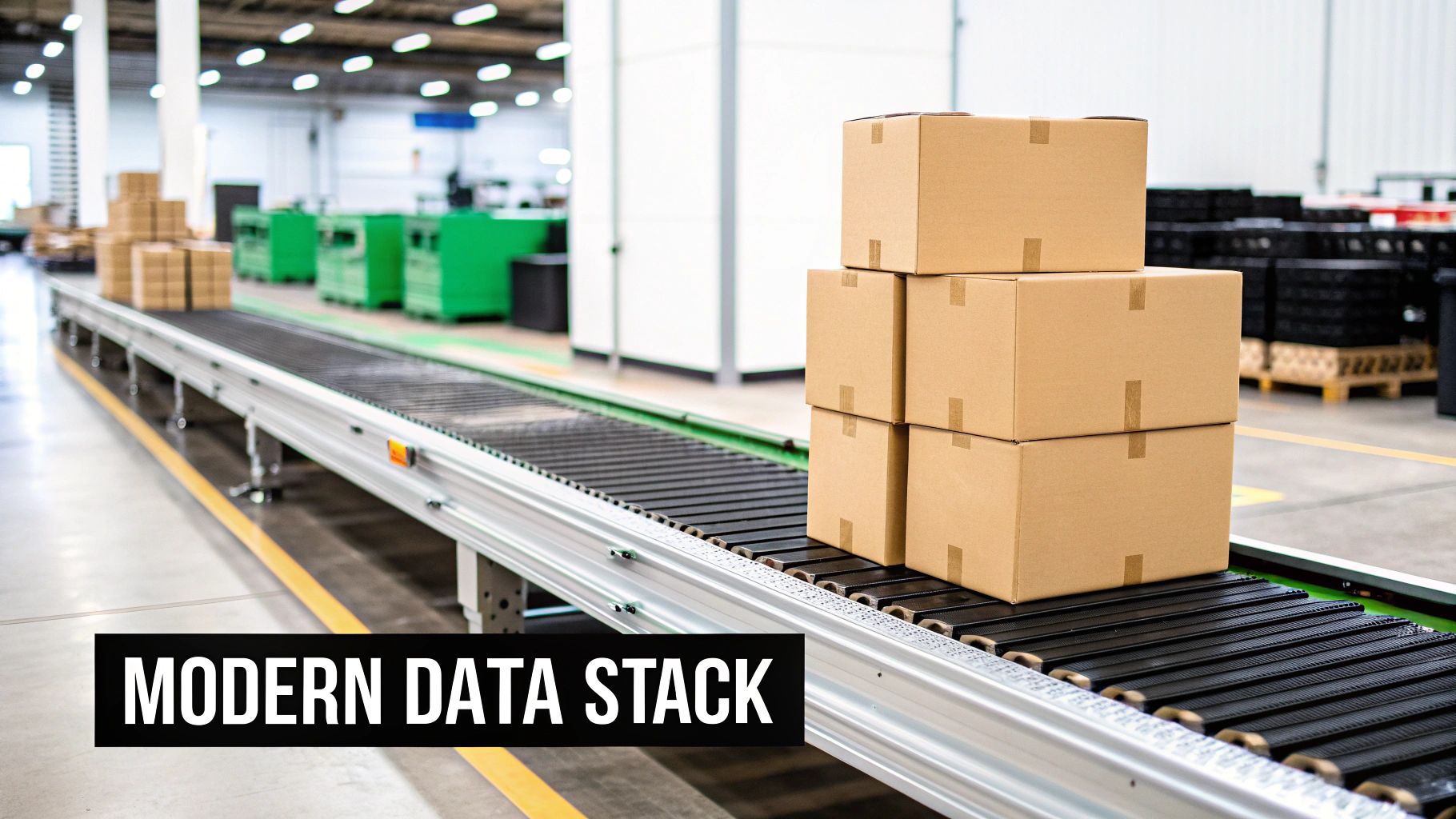 Cardboard boxes stacked on a conveyor belt in a modern warehouse, symbolizing data processing.