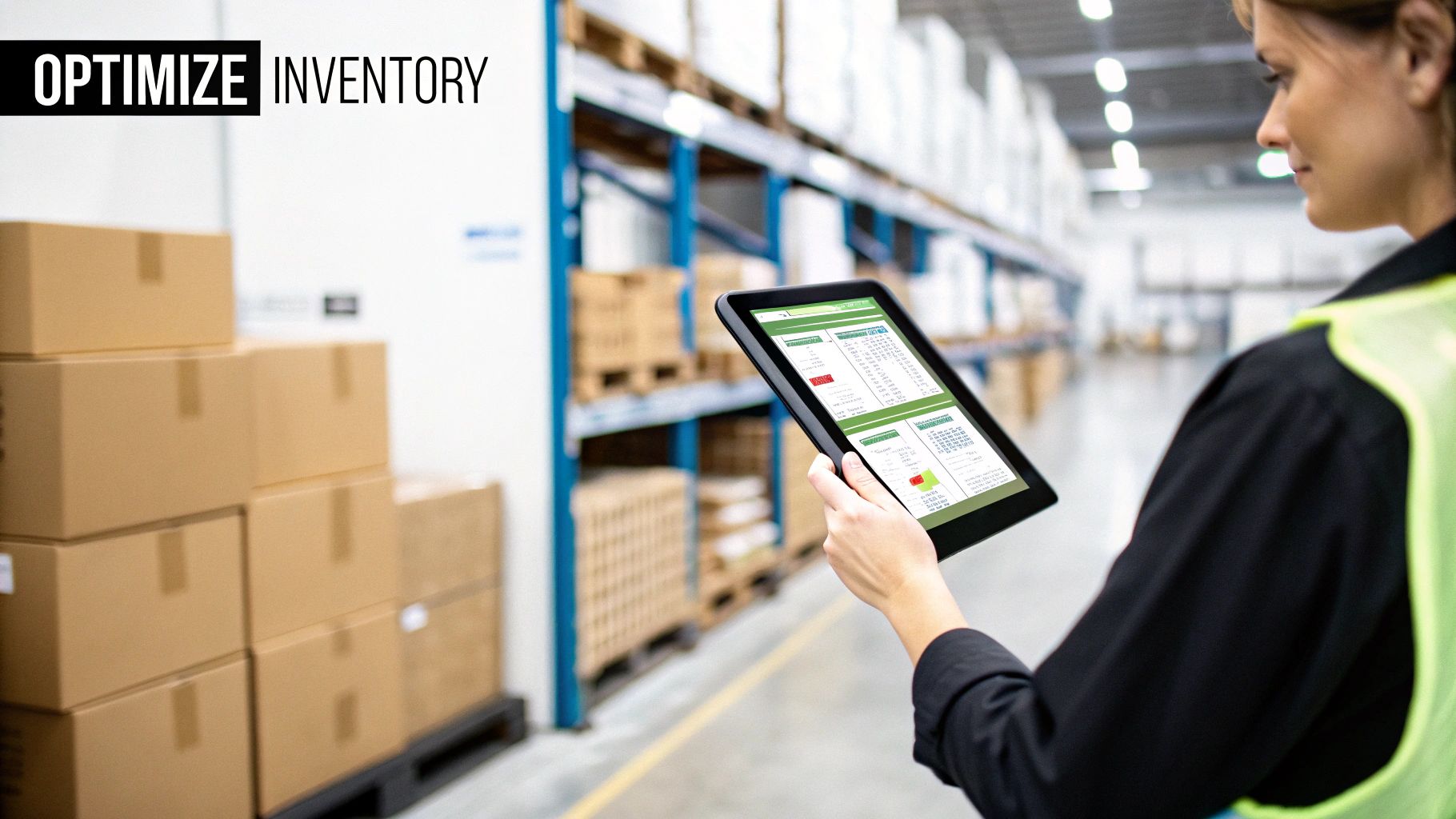 Warehouse worker optimizing inventory with a digital tablet showing stock data on screen.
