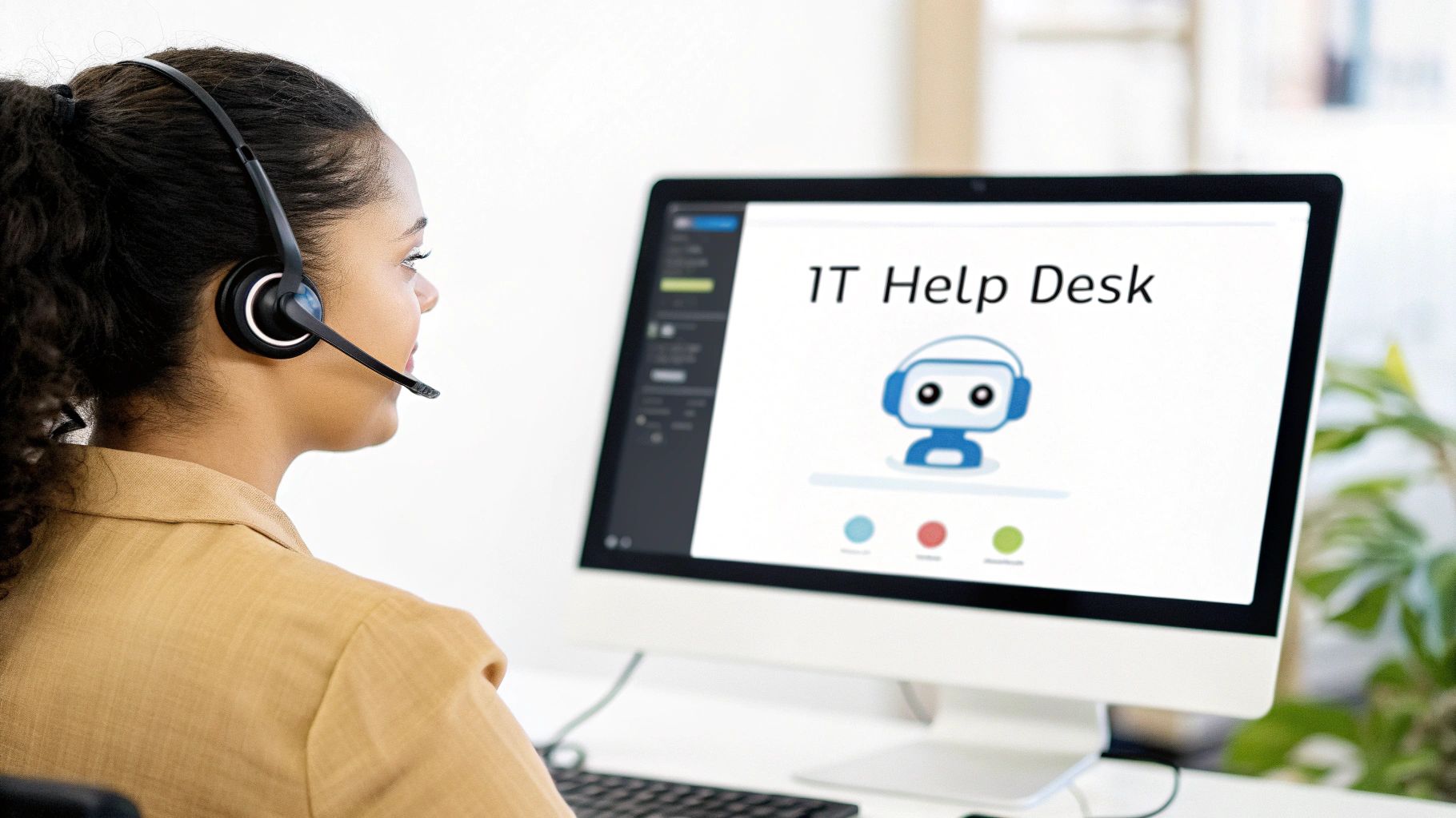 A help desk agent with a headset looks at a computer showing 'IT Help Desk' and a robot icon.