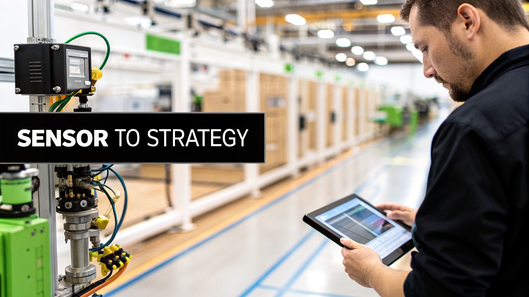 A man monitors industrial sensors and data on a tablet in a modern factory setting.