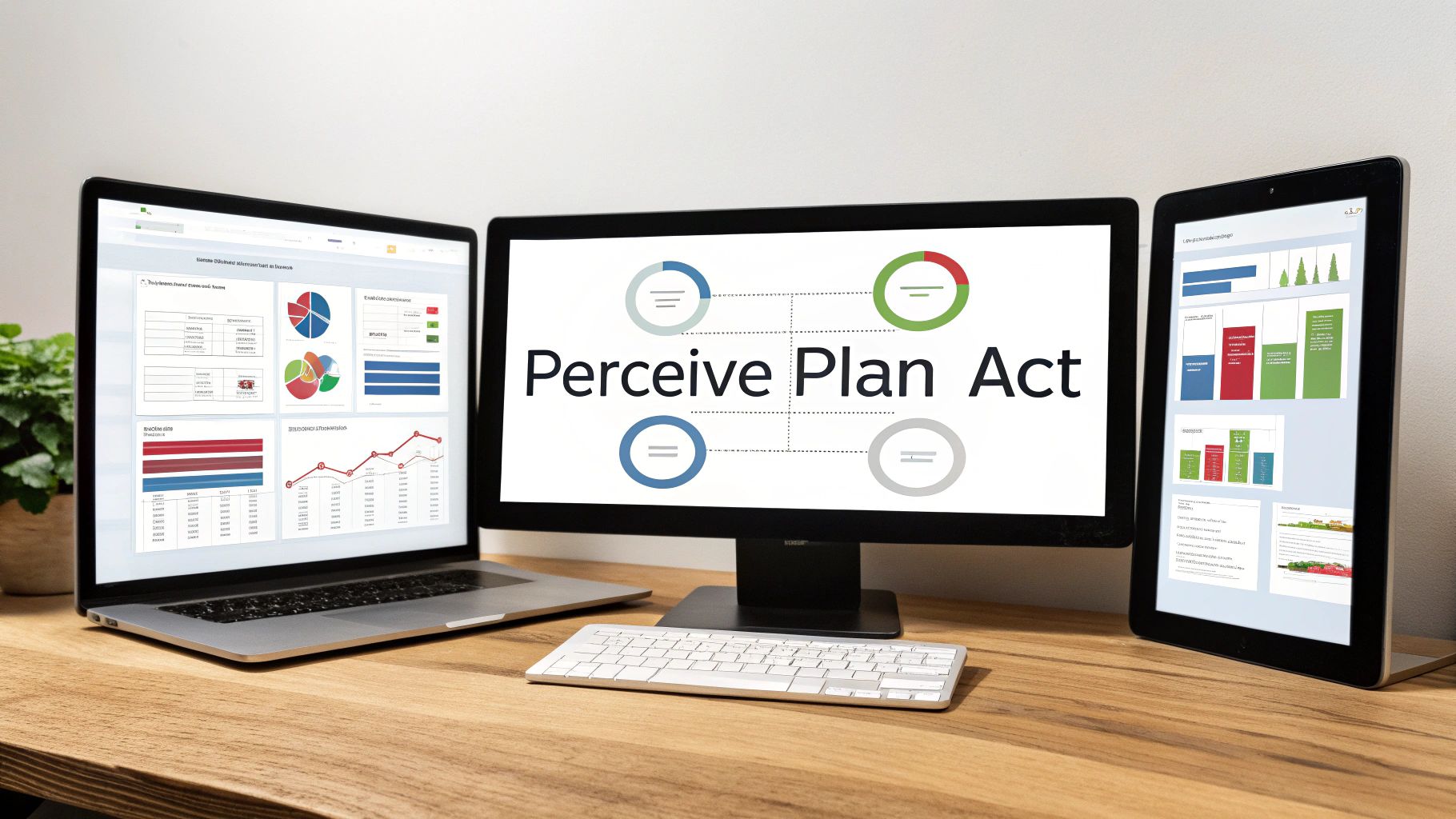 A desk setup with a laptop, monitor, and tablet displaying data, charts, and an 'Agentic AI process' diagram.