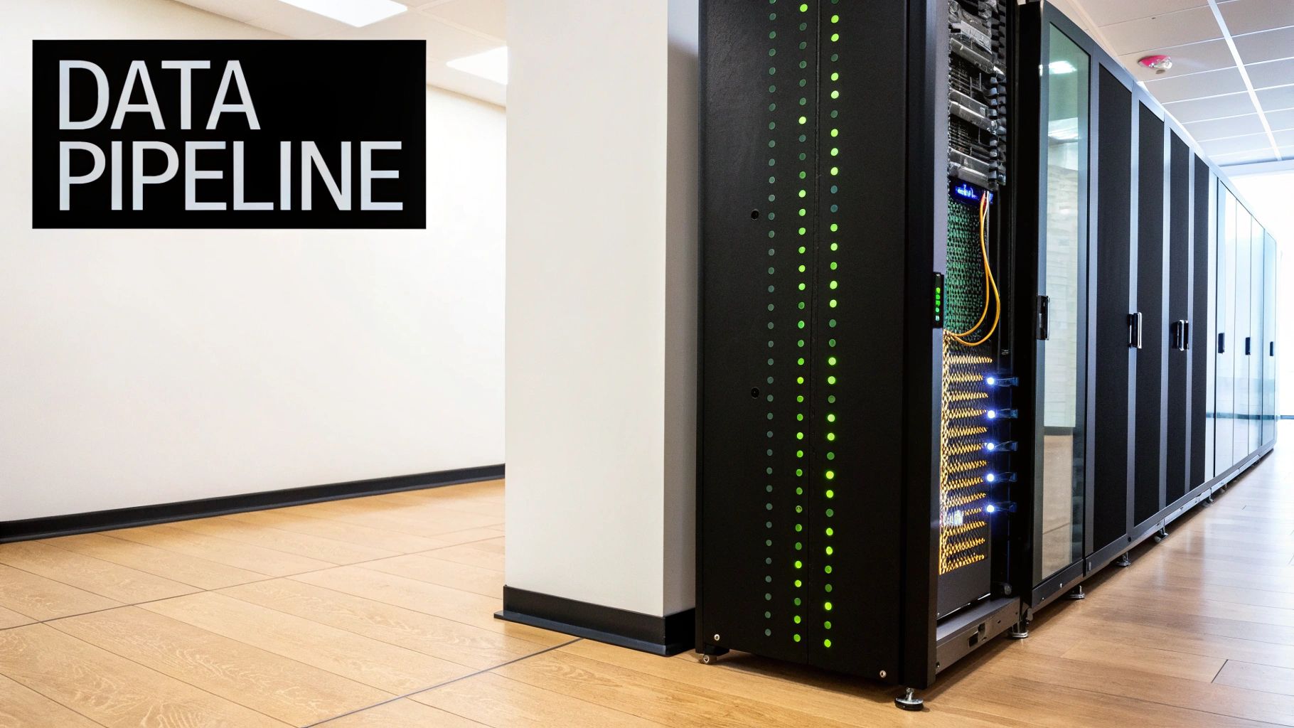 A modern data center with rows of server racks, glowing lights, and a 'DATA PIPELINE' sign on the wall.