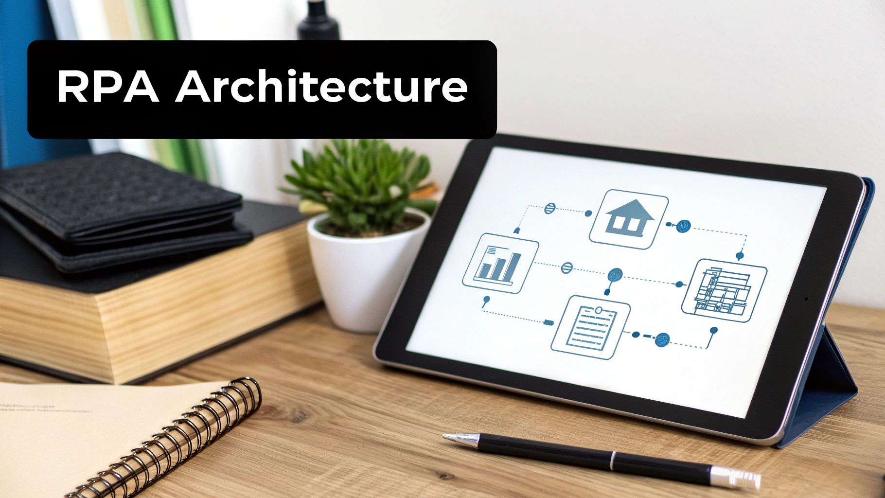A desk with a tablet displaying an RPA architecture diagram, alongside books, a plant, and a notebook.