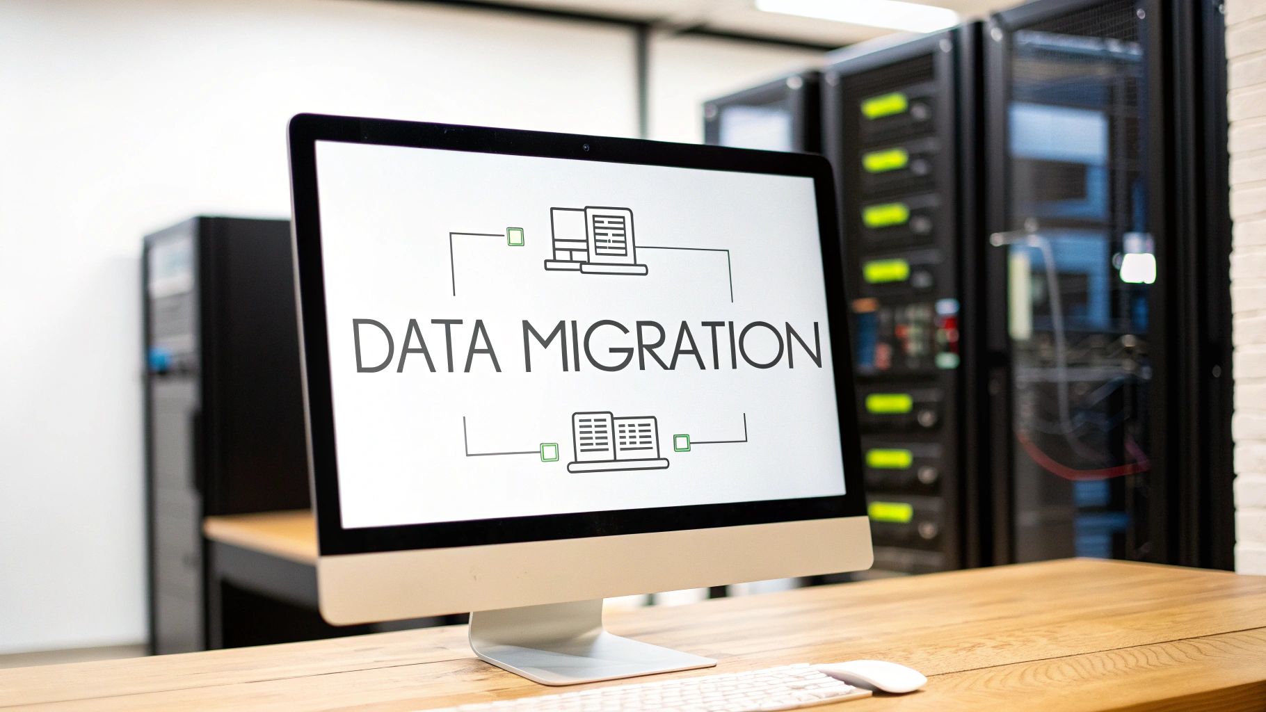 A computer monitor displays 'DATA MIGRATION' with server icons, in an office or data center setting.