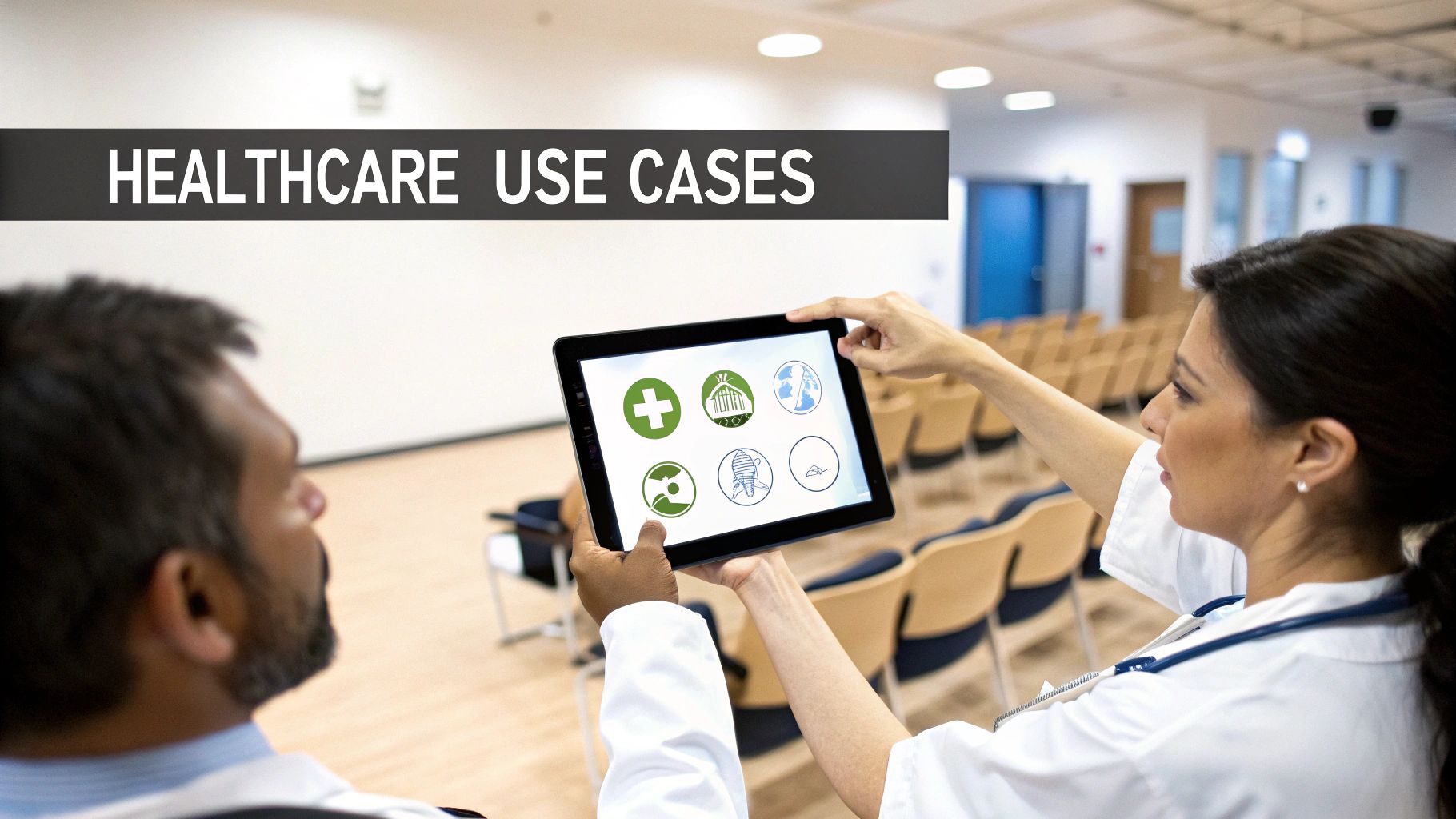 Two medical professionals discuss healthcare use cases displayed on a tablet in a modern room.