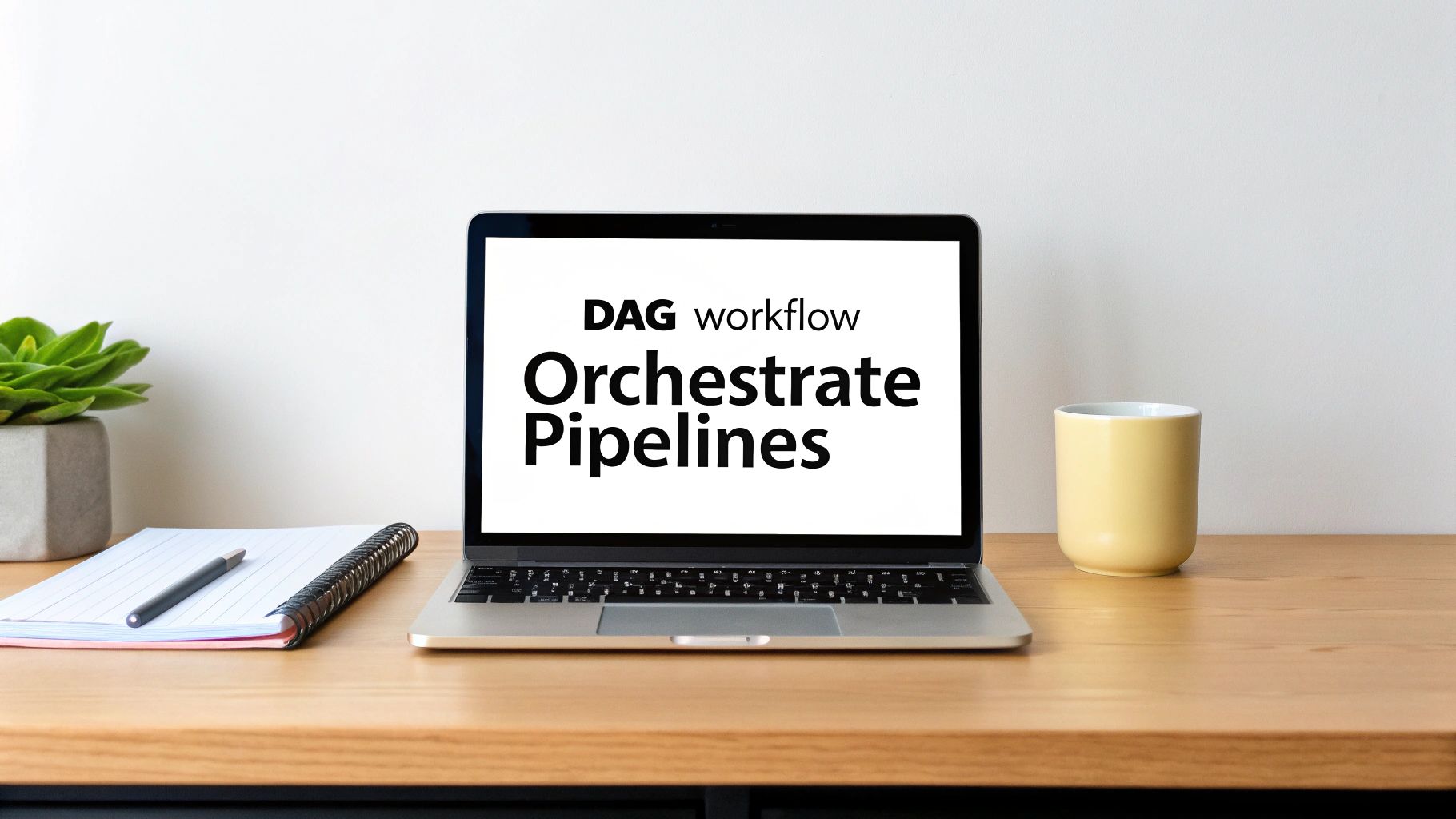 A laptop on a wooden desk displays 'DAG workflow Orchestrate Pipelines' text, with a plant, notebook, and mug.