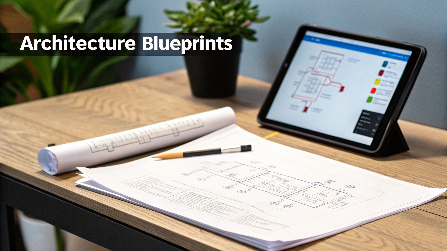Architectural blueprints on a wooden desk, with paper plans, a pencil, and a tablet displaying a digital blueprint.