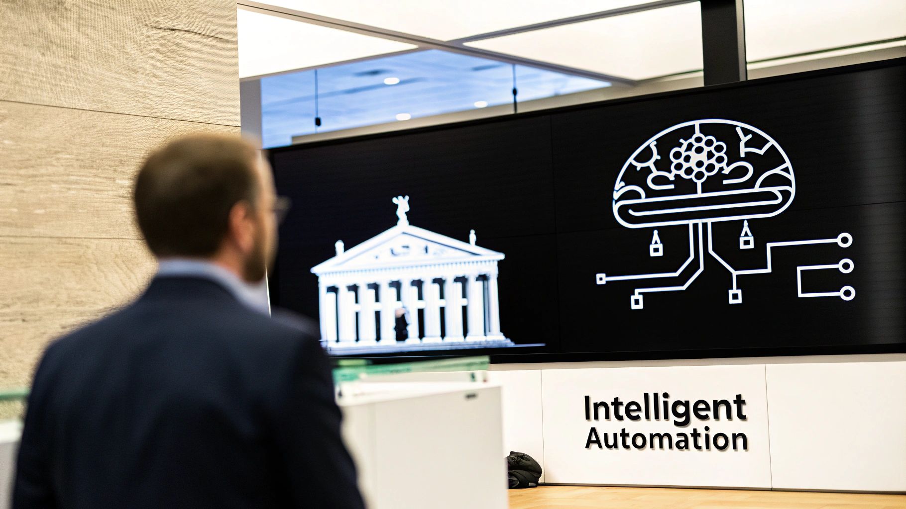 An AI-powered digital interface showing a brain-like network connecting different banking functions, symbolizing intelligent automation.