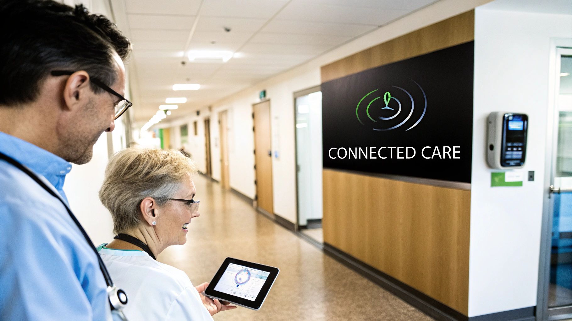 Two healthcare professionals look at a tablet in a modern hospital hallway with a 'CONNECTED CARE' screen.