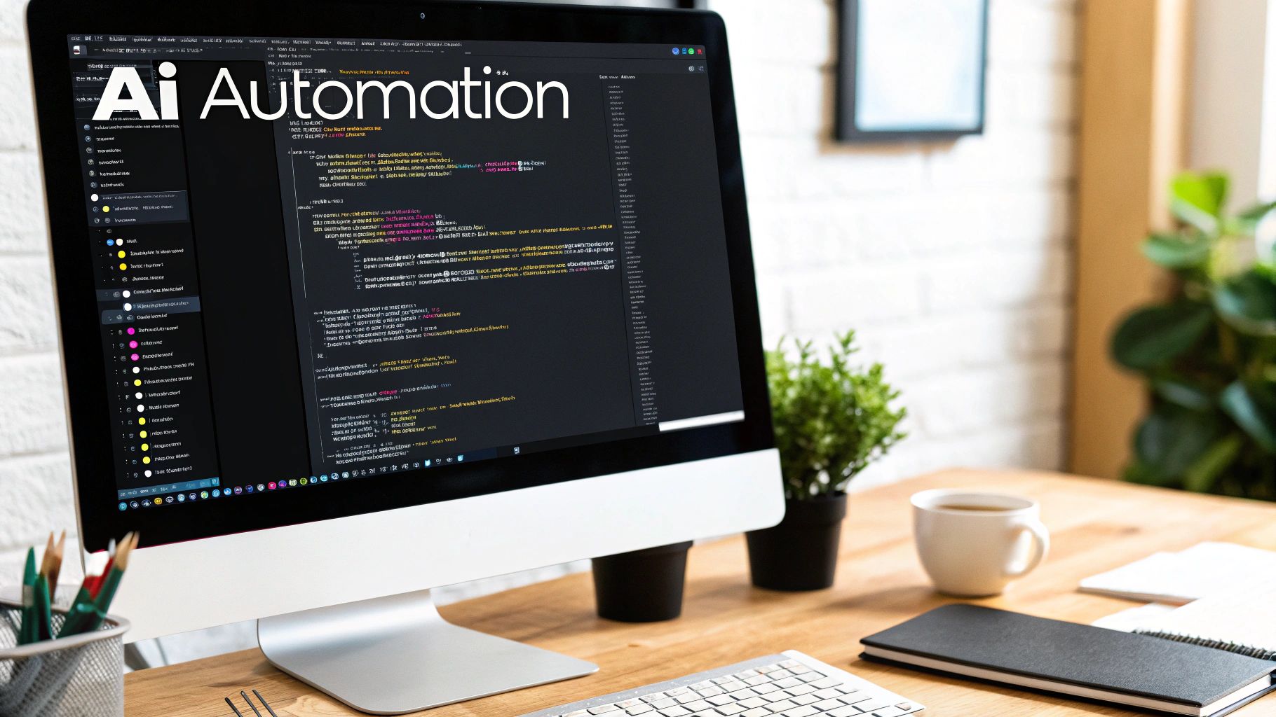 A computer monitor displays 'AI Automation' text and code, on a desk with coffee and plants.