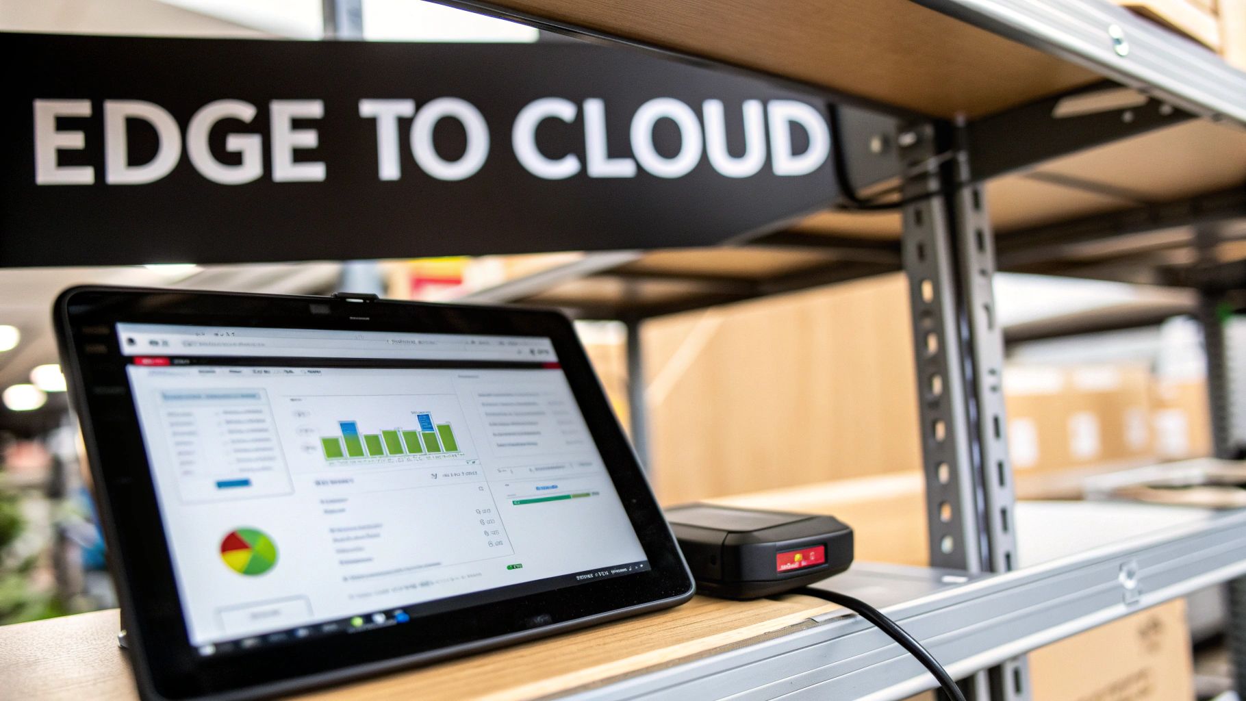 A tablet displaying data analytics and a black device on a shelf under an 'EDGE TO CLOUD' sign.