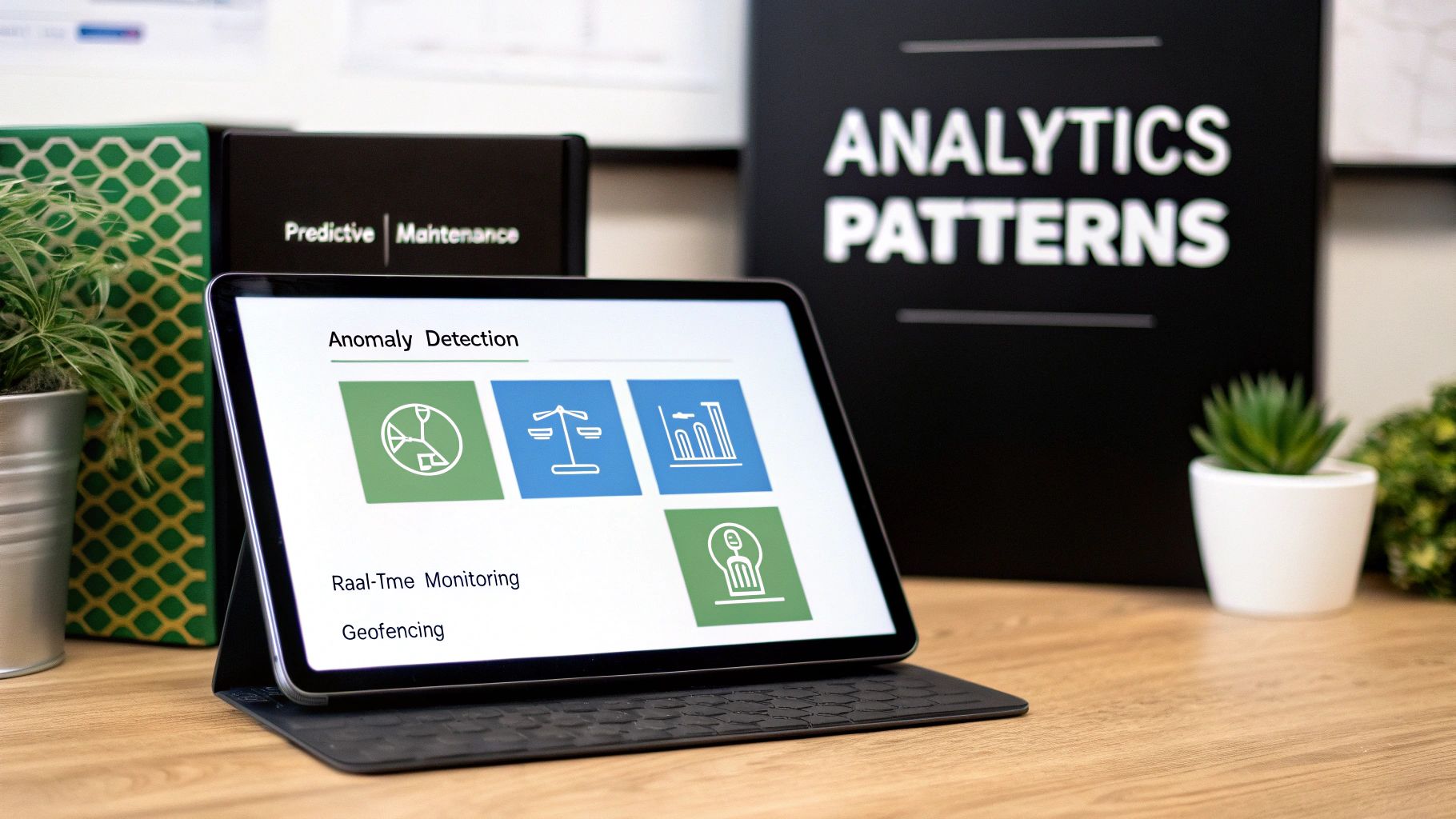 A tablet displays anomaly detection software with real-time monitoring and geofencing features, alongside predictive analytics.