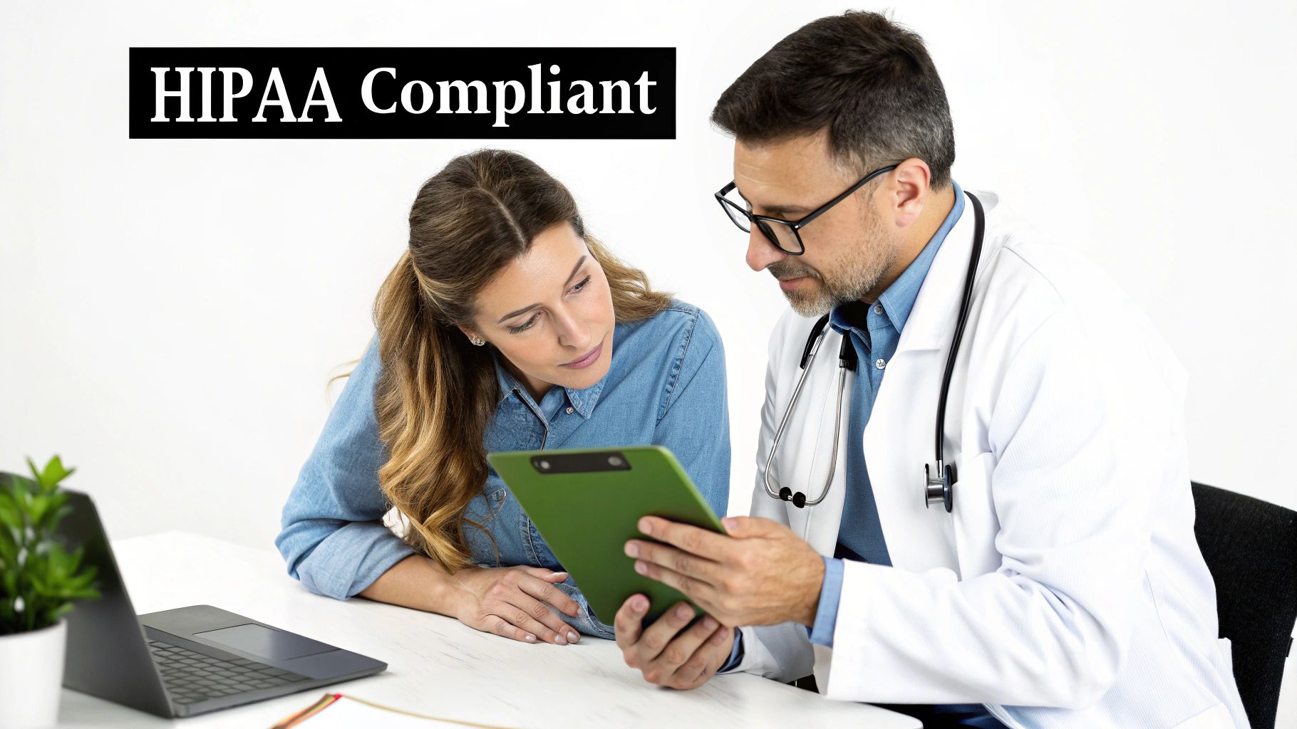 A doctor and patient review medical records on a green tablet during a consultation, emphasizing HIPAA compliance.