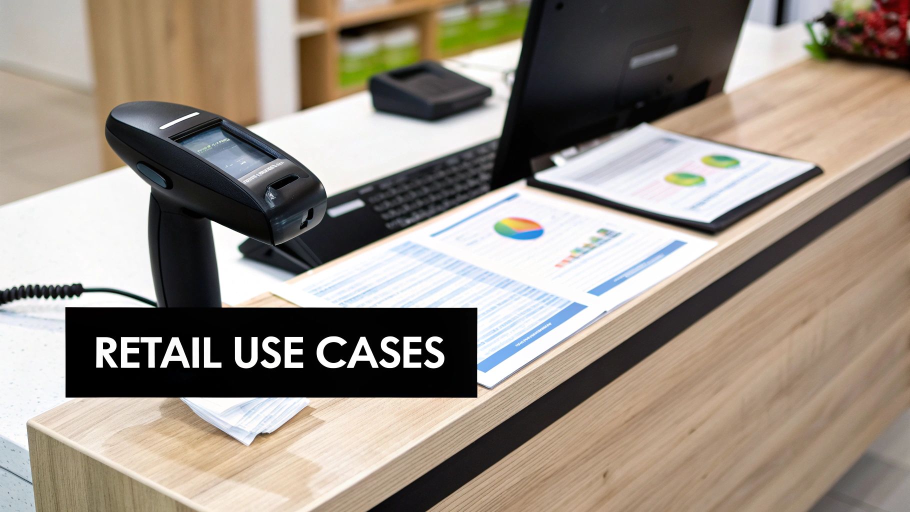 A retail counter with a barcode scanner, laptop, and business intelligence reports for retail use cases.