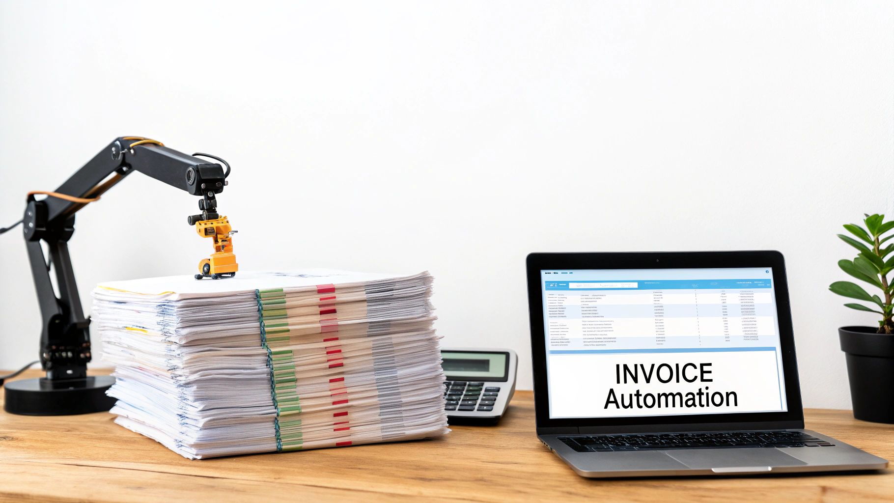A robotic arm on a stack of invoices next to a laptop displaying 'Invoice Automation', symbolizing digital transformation.