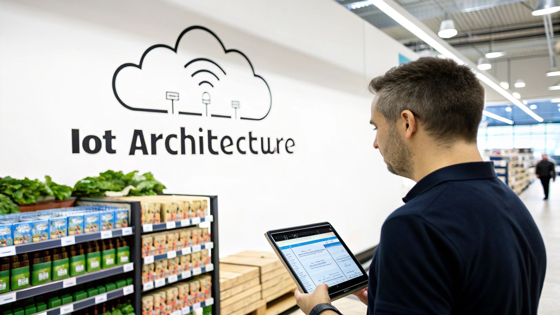 Man using tablet to manage IoT architecture display in modern retail store environment