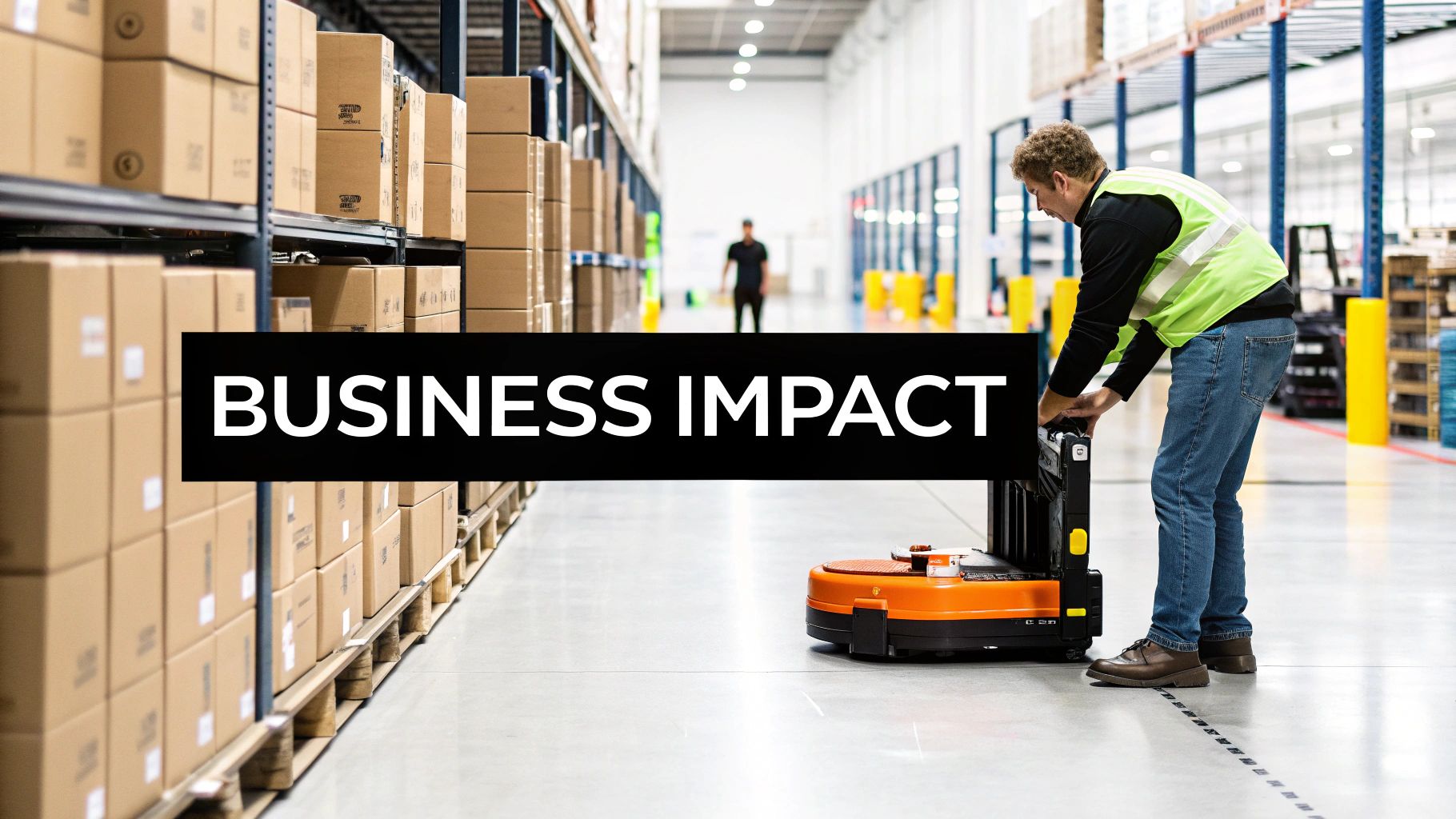 A worker in a modern warehouse operates an orange autonomous mobile robot among shelves of cardboard boxes, with 'BUSINESS IMPACT' overlay.