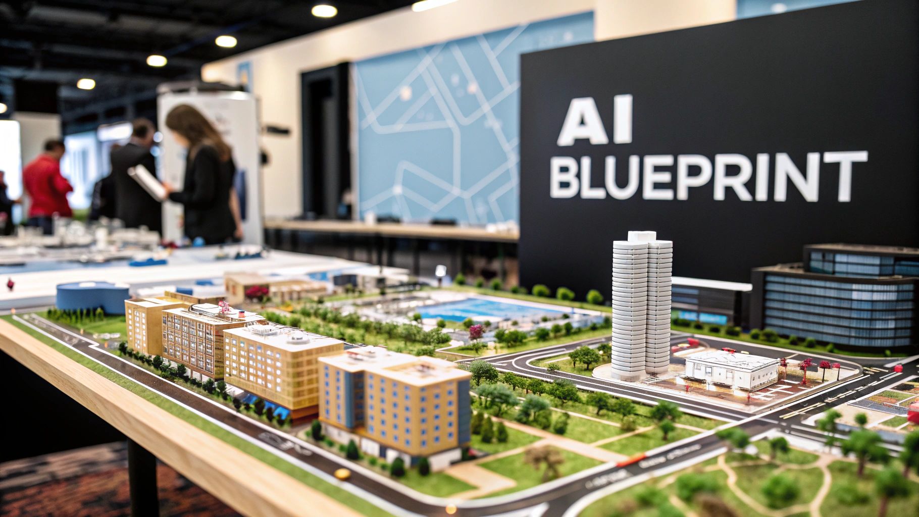 Detailed architectural model of a futuristic city with an 'AI BLUEPRINT' sign, showcasing urban planning.