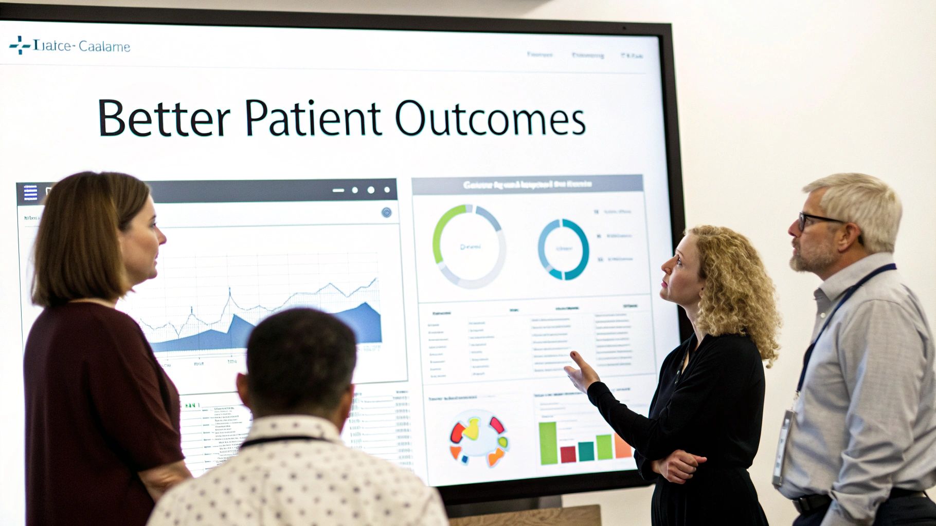 Healthcare professionals discuss patient outcomes using business intelligence dashboards on a large screen.