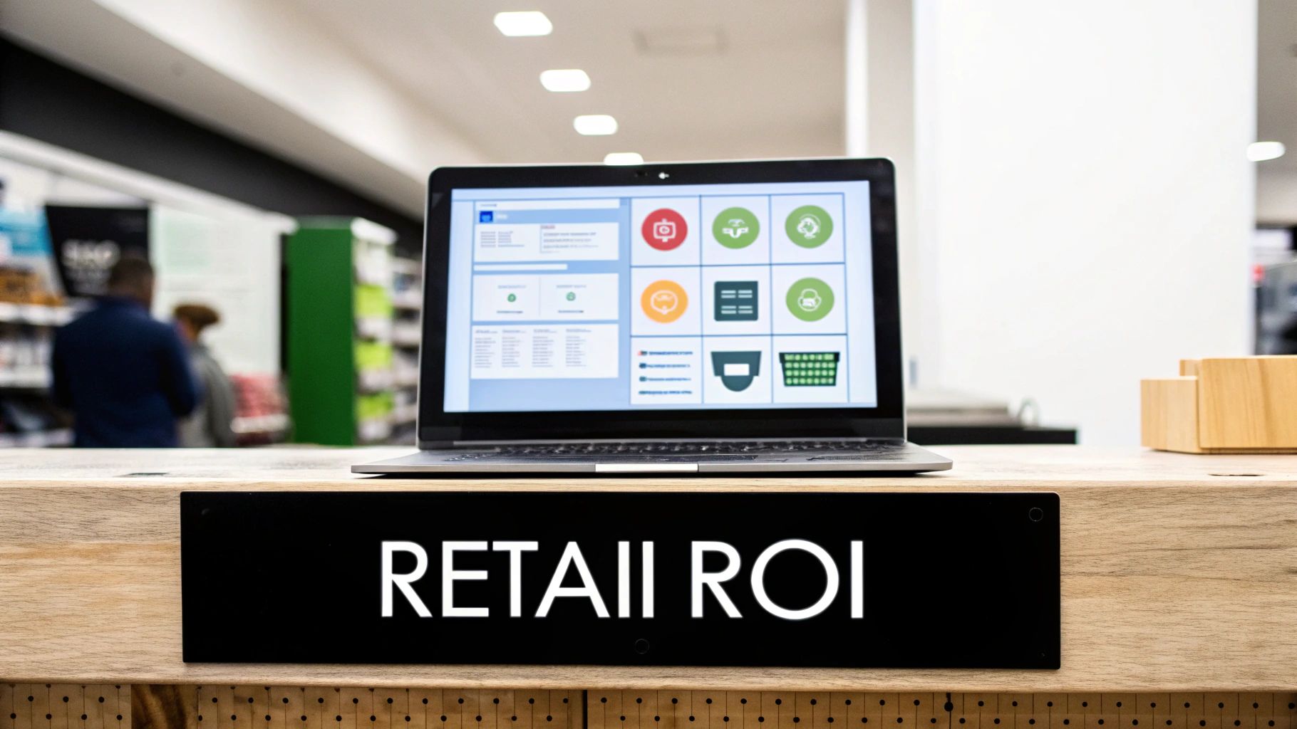 Laptop displaying a dashboard with icons on a wooden counter and 'RETAIL ROI' sign in a store.