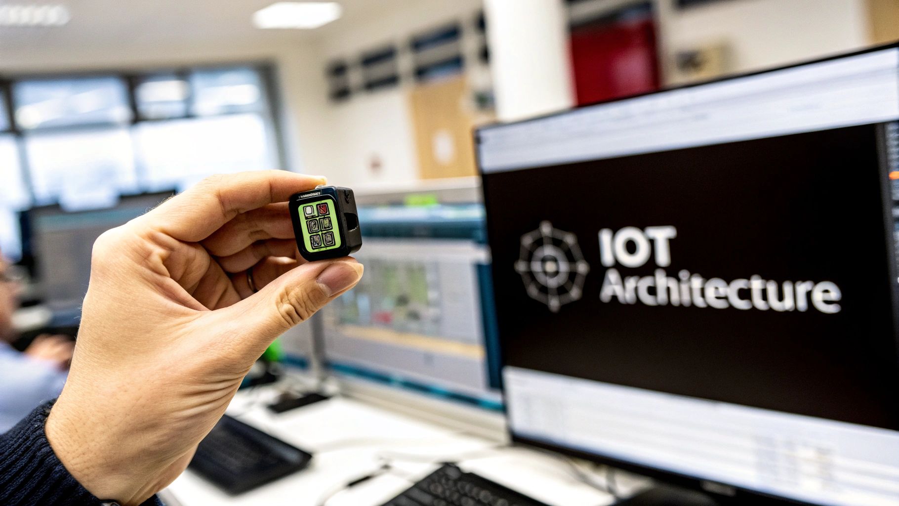 A visual representation of the interconnected layers in an Internet of things architecture, showing data flowing from devices to a cloud for analysis.