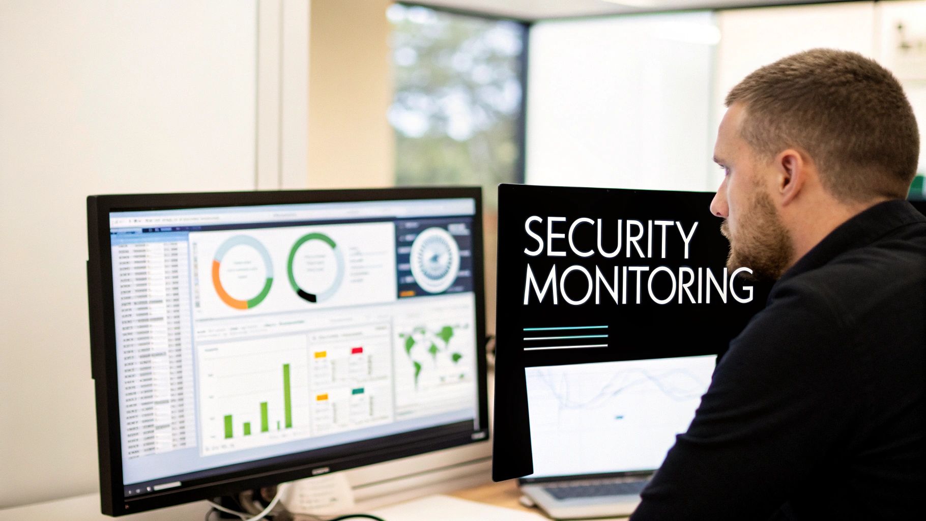 A man monitors cybersecurity data on two computer screens, one displaying 'SECURITY MONITORING'.
