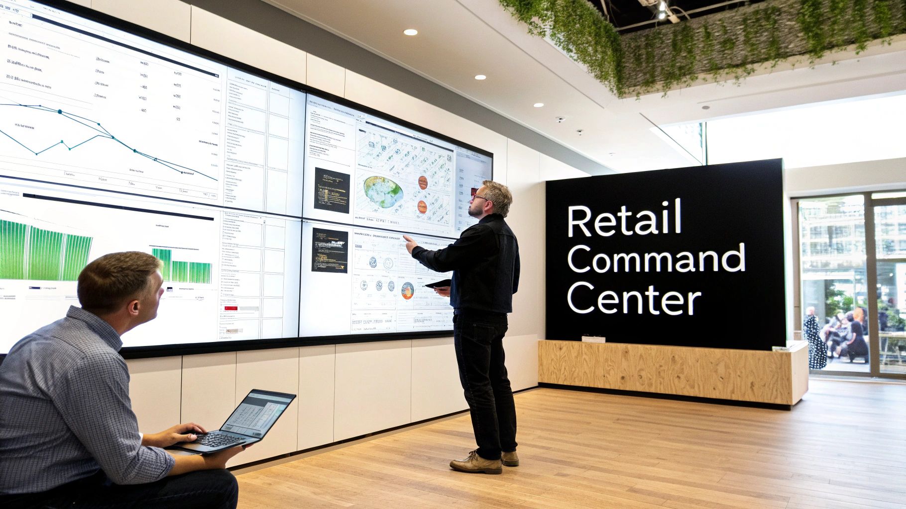 Two men analyze data on a large multi-screen display in a modern retail command center.