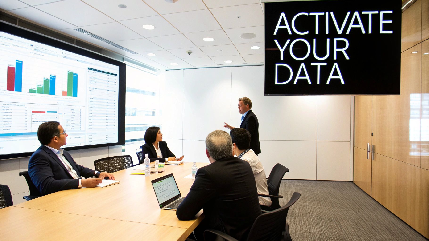 Business professionals in a modern conference room with a large screen displaying data and 'ACTIVATE YOUR DATA' message.