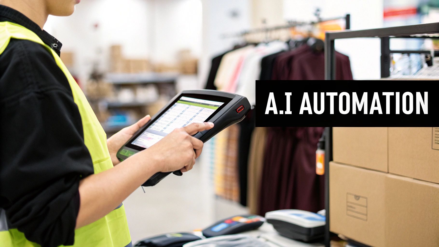 An abstract visualization of AI processing data streams from IoT devices in a retail setting.
