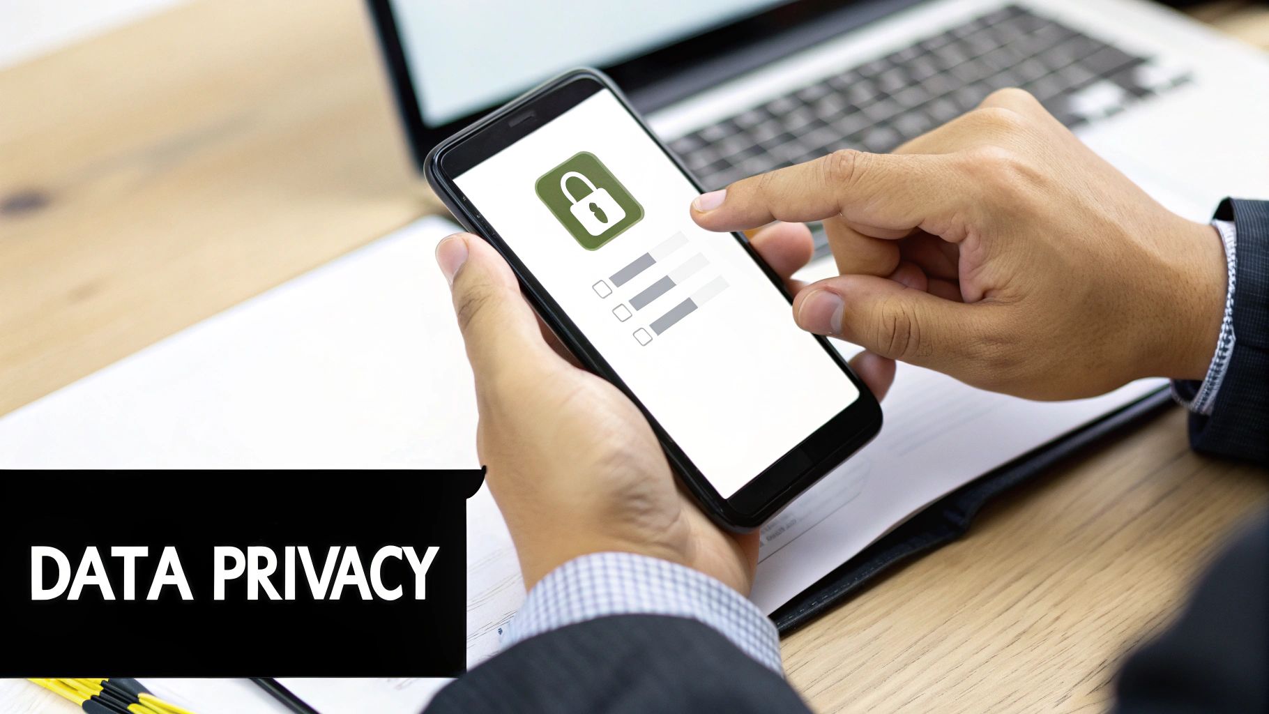 Person holding a smartphone displaying a lock icon and privacy settings, with 'DATA PRIVACY' text.