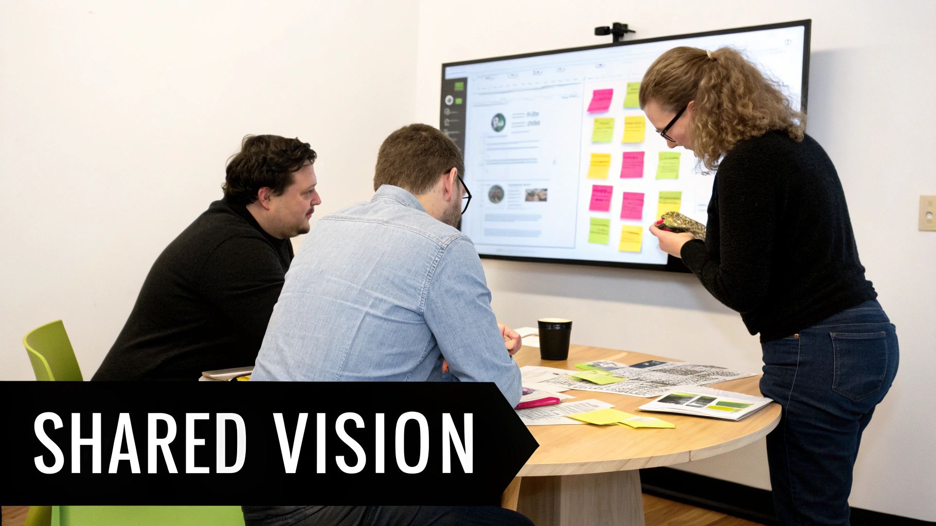 Team members collaborate on software project planning, viewing a screen with UI designs and digital sticky notes.