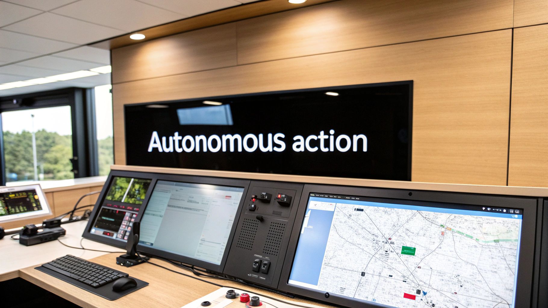 A modern control room setup with multiple monitors displaying data and a large screen reading 'Autonomous action'.