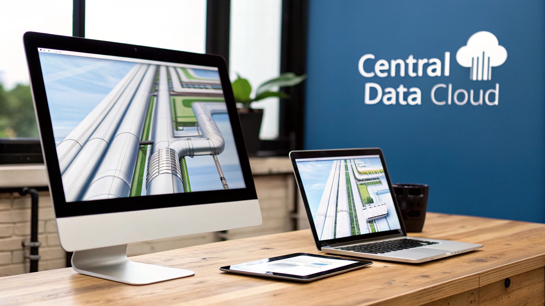 Modern office setup with computer screens showing industrial pipes and 'Central Data Cloud' branding.
